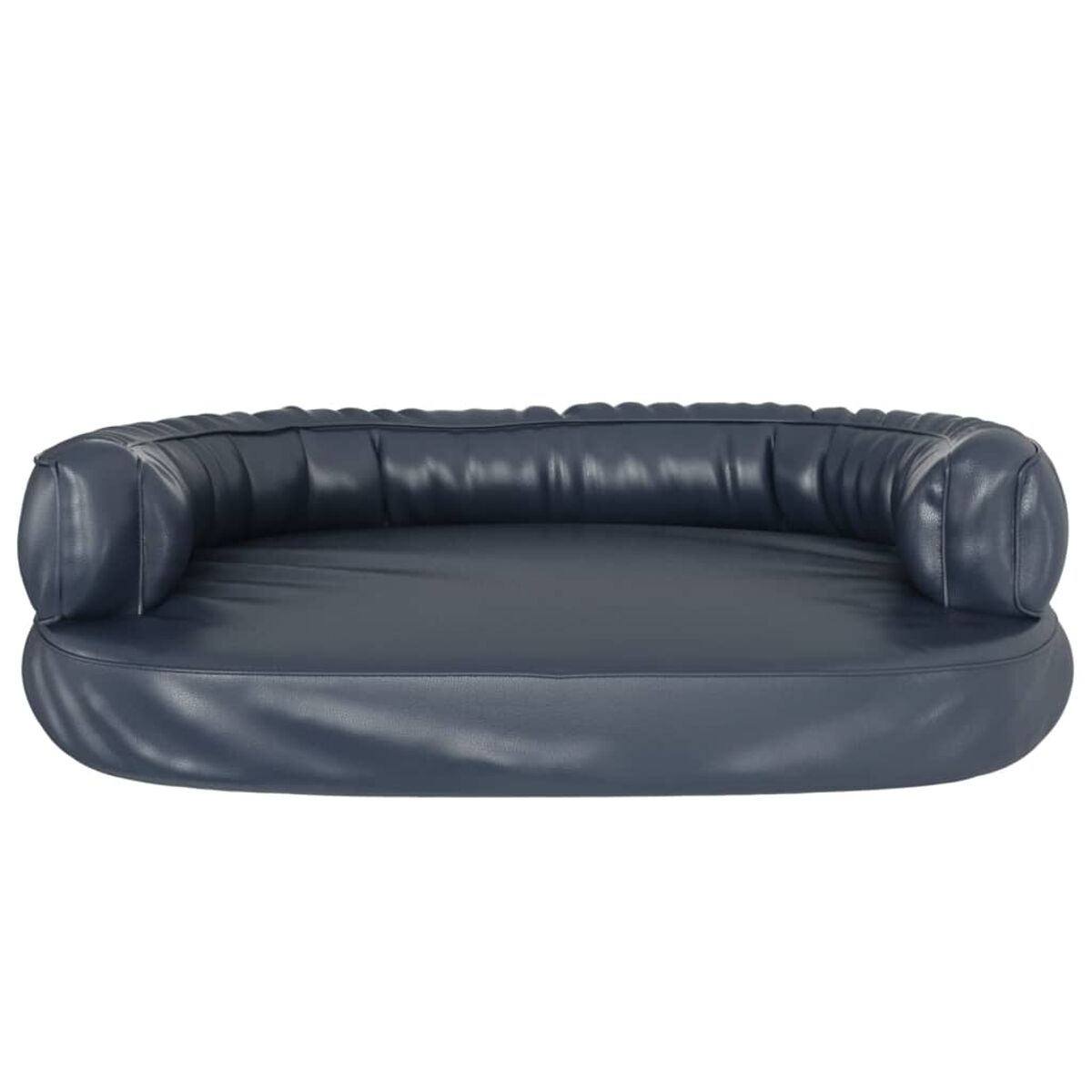 Dunkelblaues Leder-Hundebett, ovale Form. Gerollte Seiten. Weißer Hintergrund.