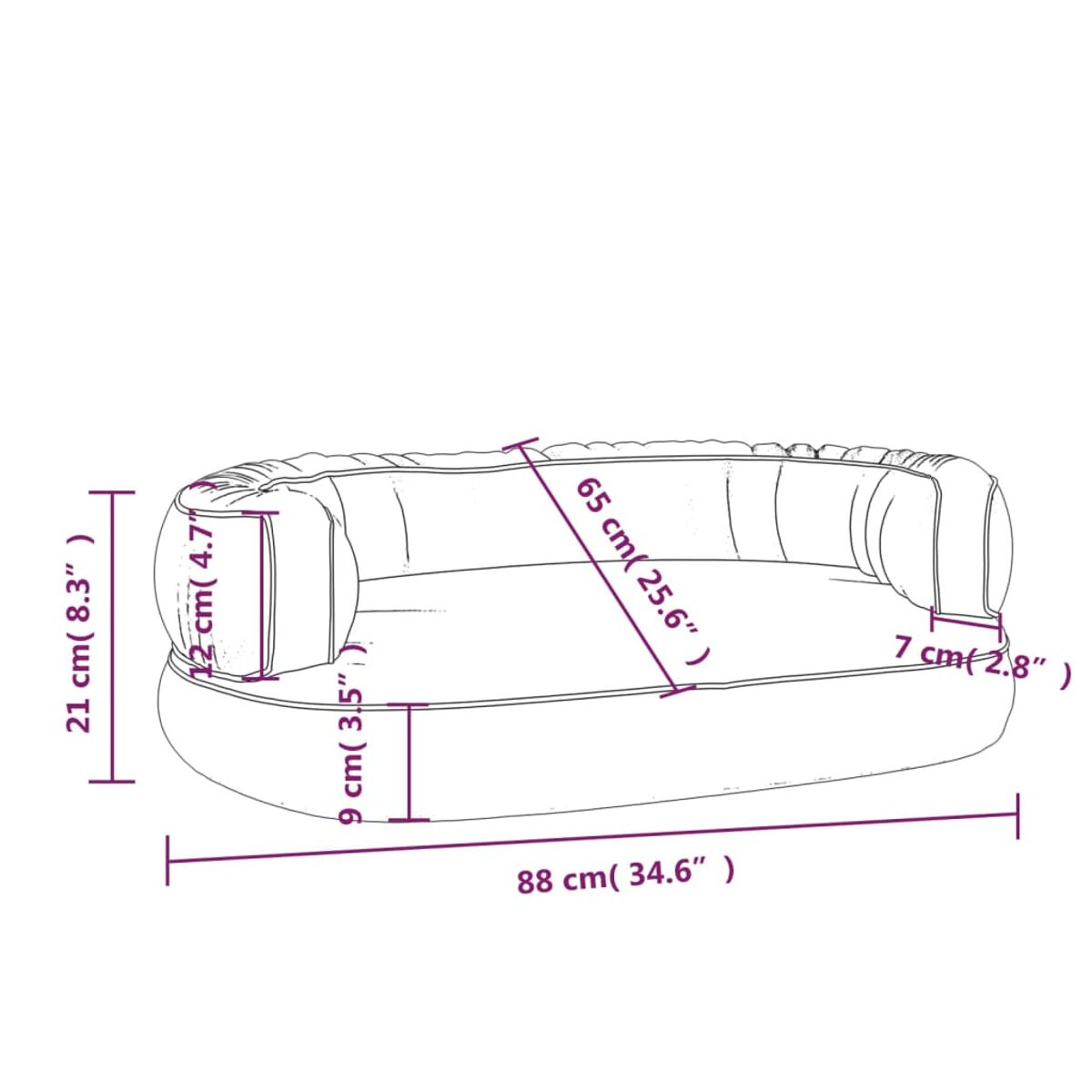 Ein schematisches Diagramm eines Sofas mit Maßangaben.