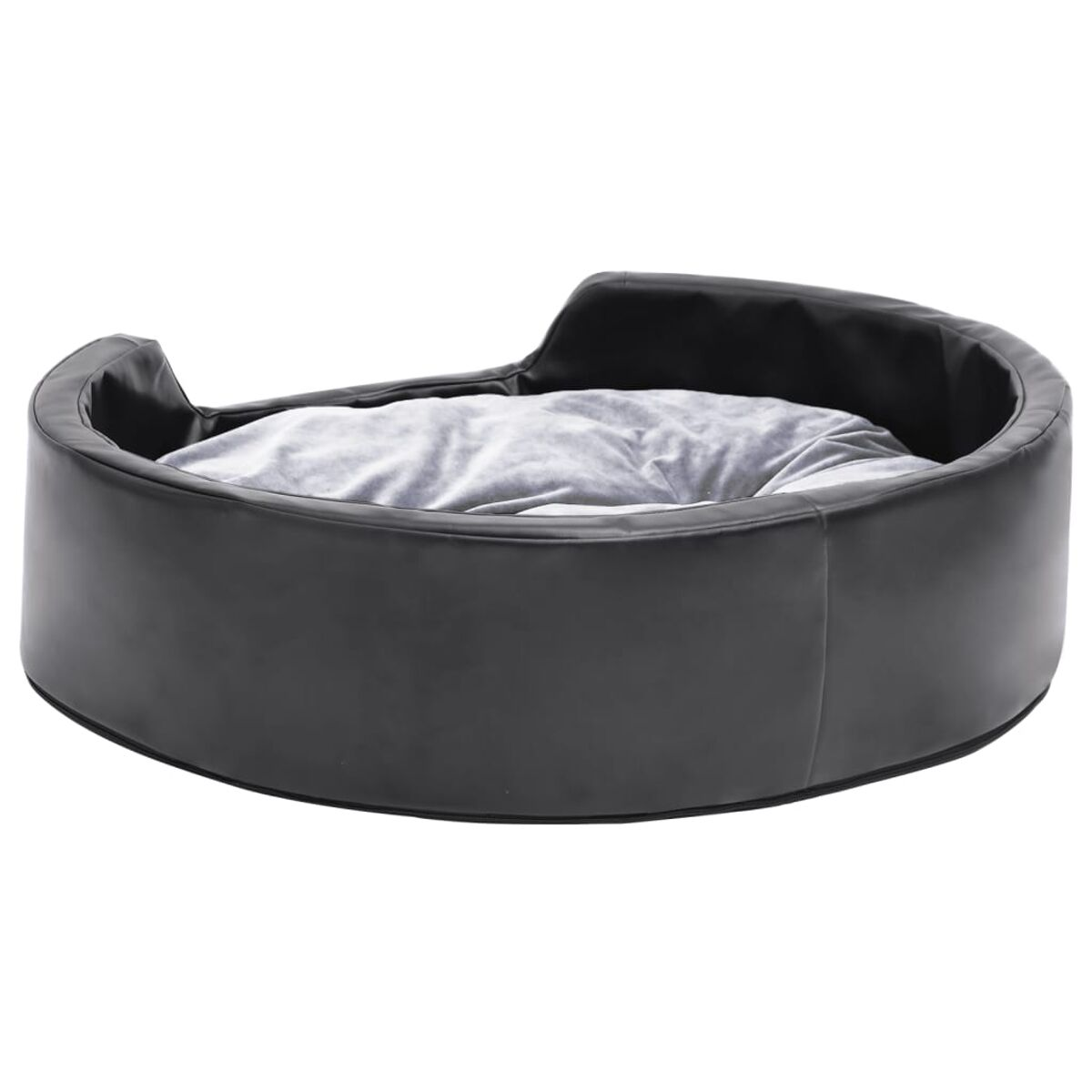 Ein schwarzes Hundebett mit einem grauen, gemusterten Kissen.