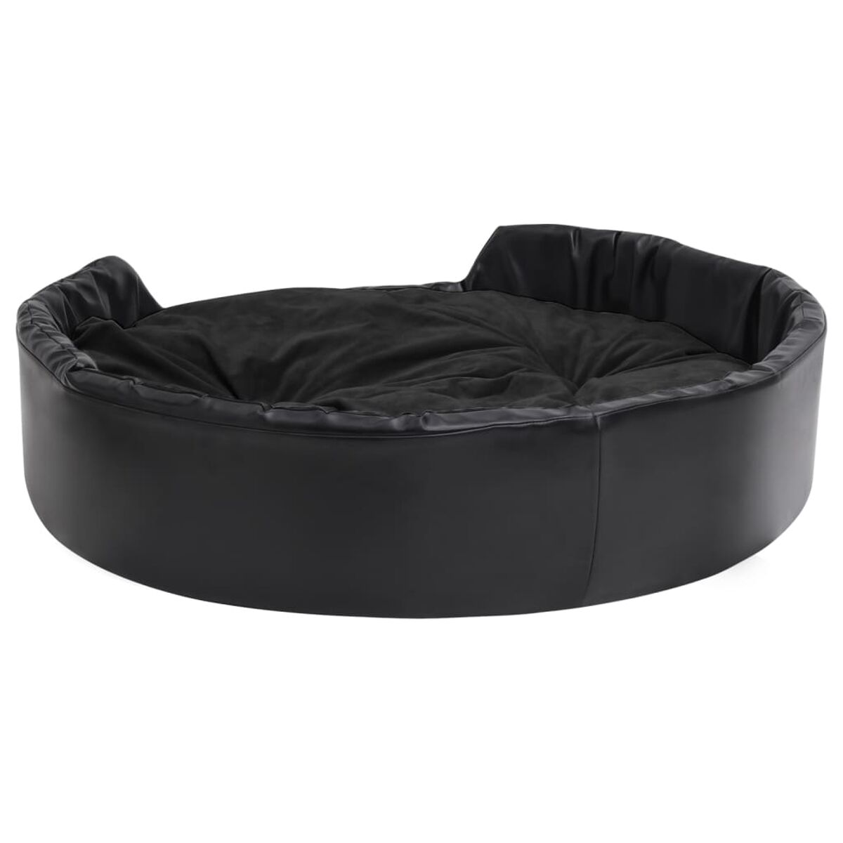 Schwarzes, rundes Haustierbett. Das Bett ist flach und aus weichem Material, das auf einer weißen Oberfläche liegt.