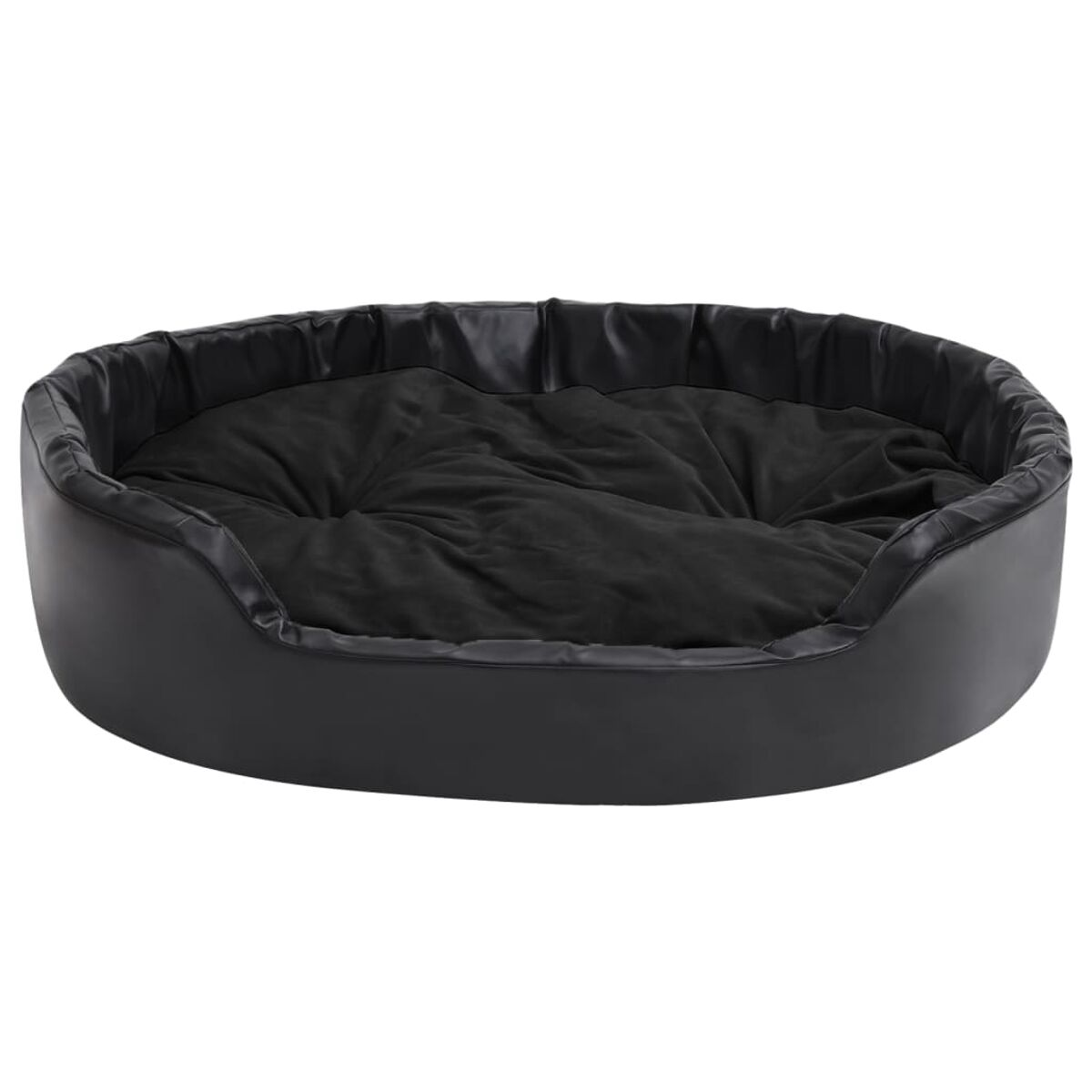 Ein schwarzes Hundebett mit weichem, schwarzem Zentrum. Das Bett ist rund und hat einen erhöhten Rand.