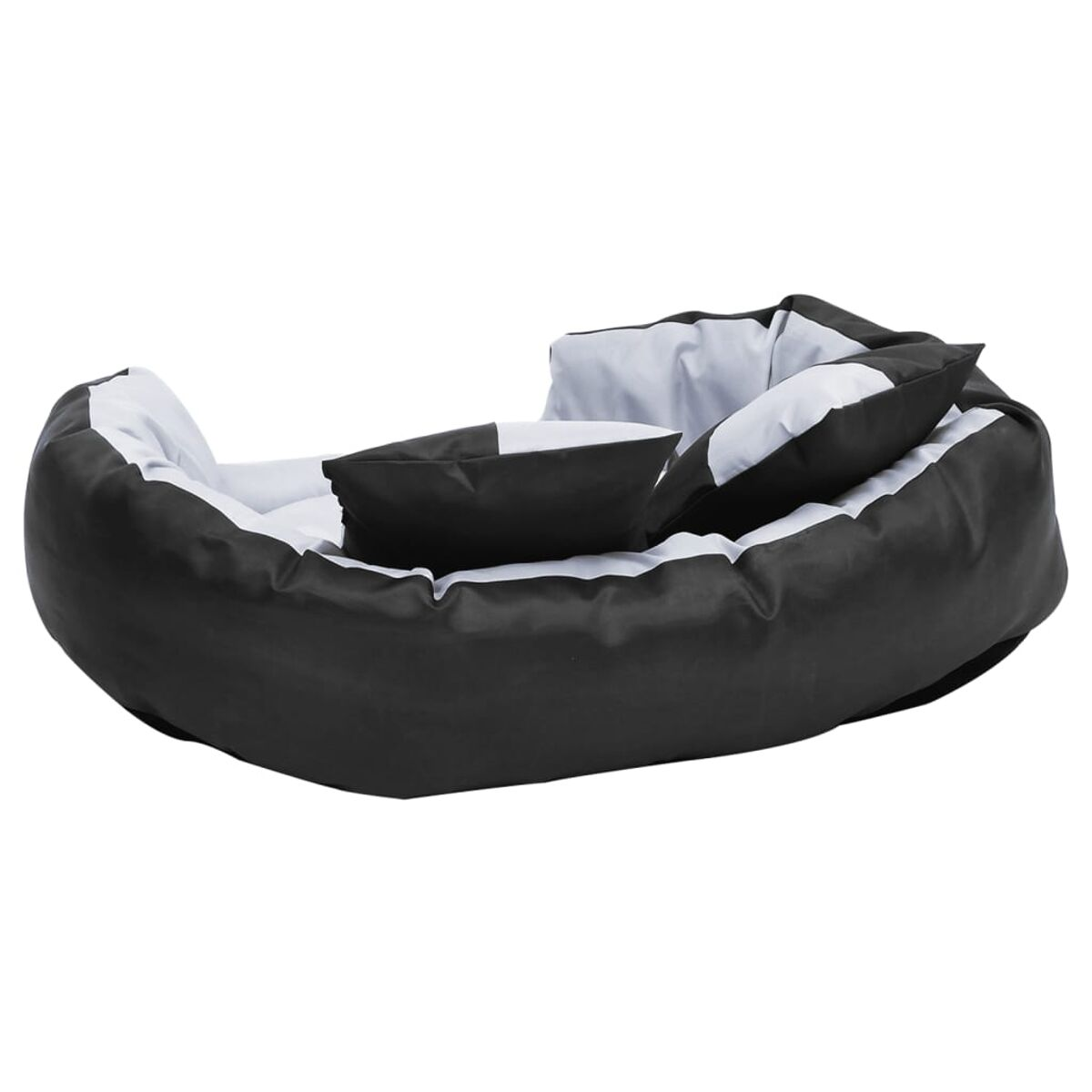 Schwarz-weißes Hundebett mit Kissen. Weißer Hintergrund.