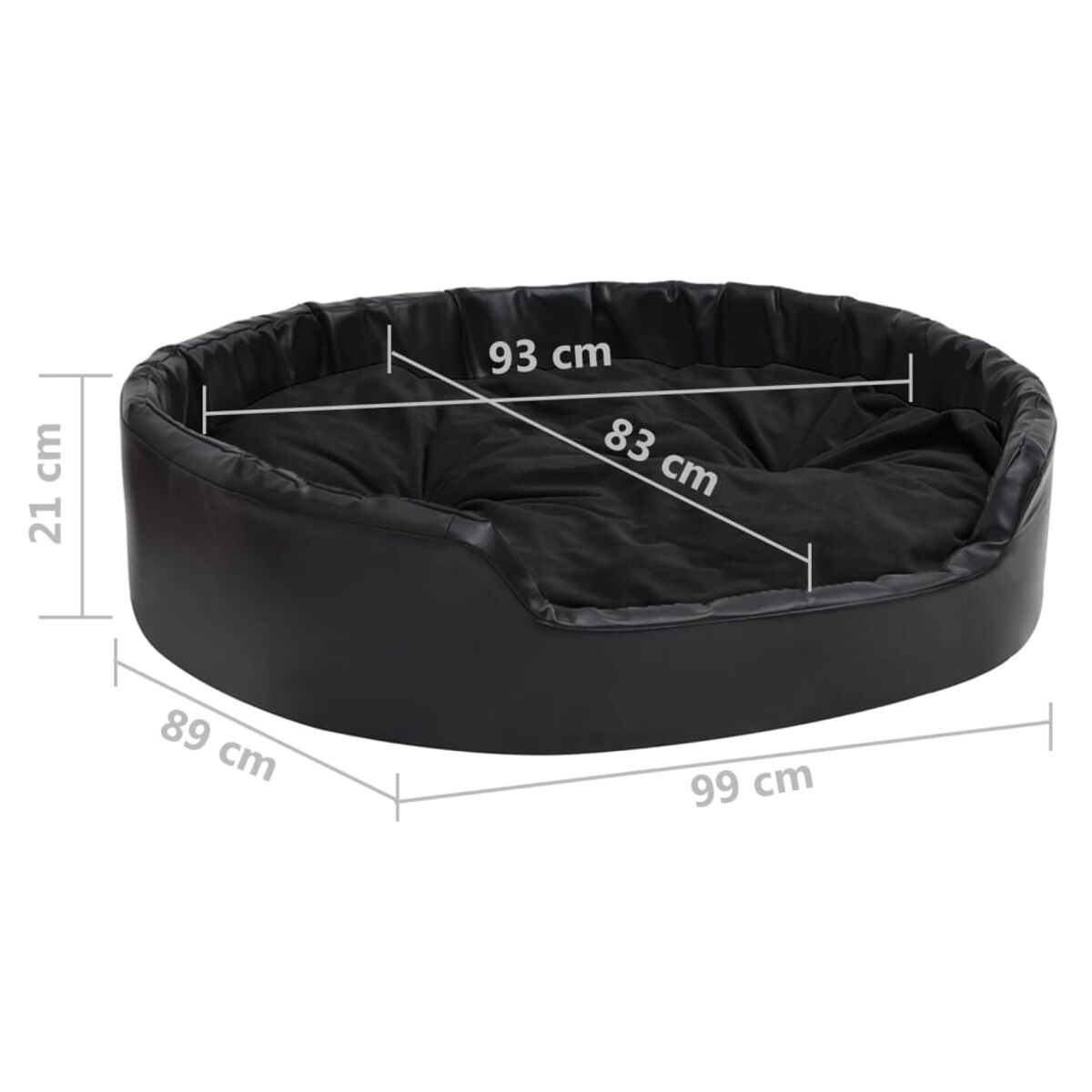 Schwarzes Hundebett mit den Maßen 99cm x 89cm x 21cm. Es hat ein schwarzes Kissen innen.