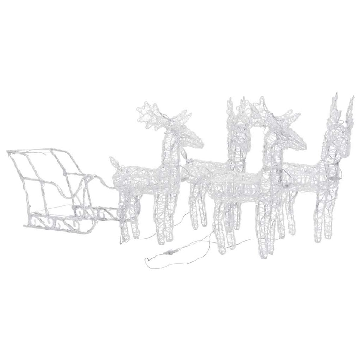 Weißer Drahtrahmen-Rentier- und Schlitten-Weihnachtsschmuck vor weißem Hintergrund.