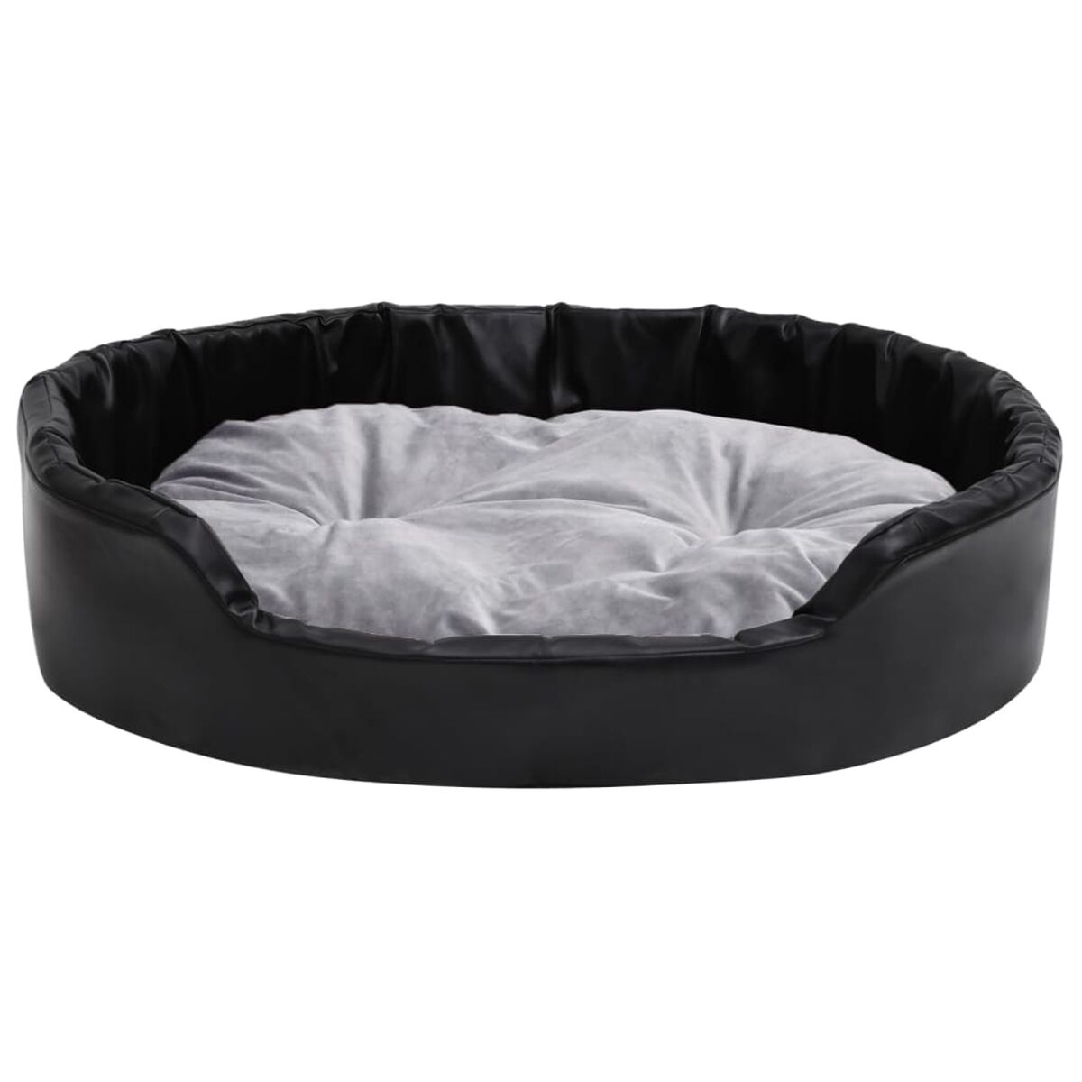 Schwarzes rundes Hundebett mit grauem, flauschigem Kissen, isoliert auf weißem Grund.