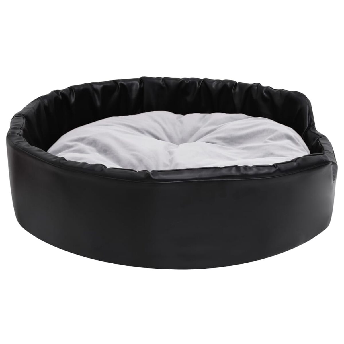 Schwarzes, rundes Haustierbett mit einem weißen Kissen innen. Das Bett hat eine runde Form.