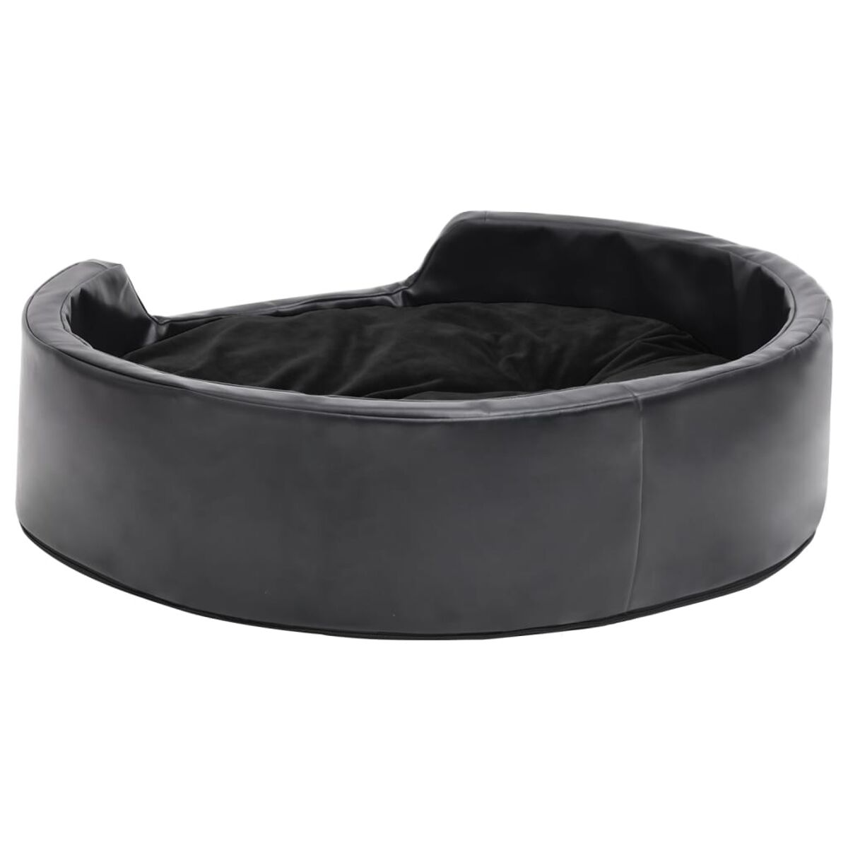 Schwarzes Hundebett mit geschwungener Form und dunklem Innenraum.