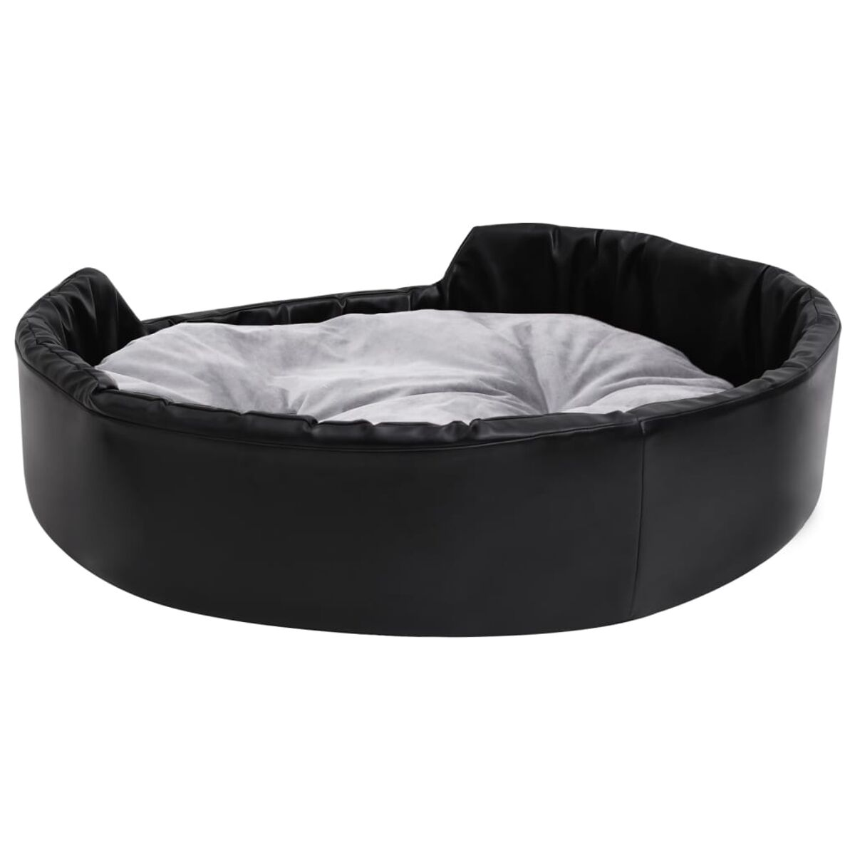 Schwarzes, ovalförmiges Haustierbett mit grauem Kissen. Das Bett hat ein geschwungenes Design.