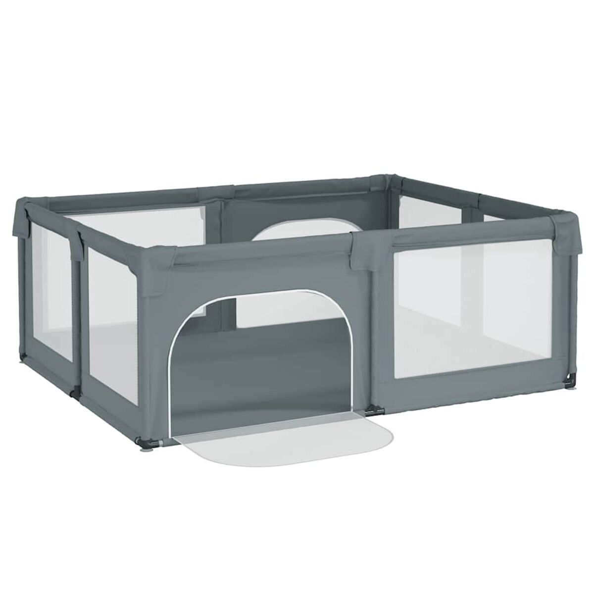 Grauer Babyspielplatz mit transparenten Mesh-Seiten und Eingang.
