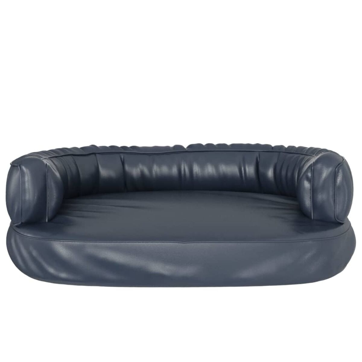 Blaues Ledersofa mit abgerundeter Rückenlehne und Armlehnen. Weißer Hintergrund.