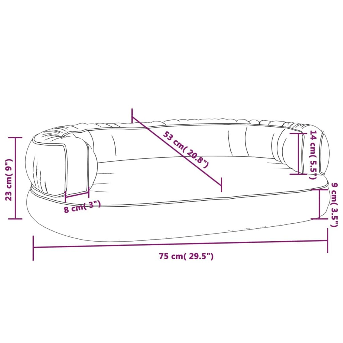 Ovales beiges Sofa mit den Maßen: 75 cm, 23 cm, 14 cm und 8 cm.