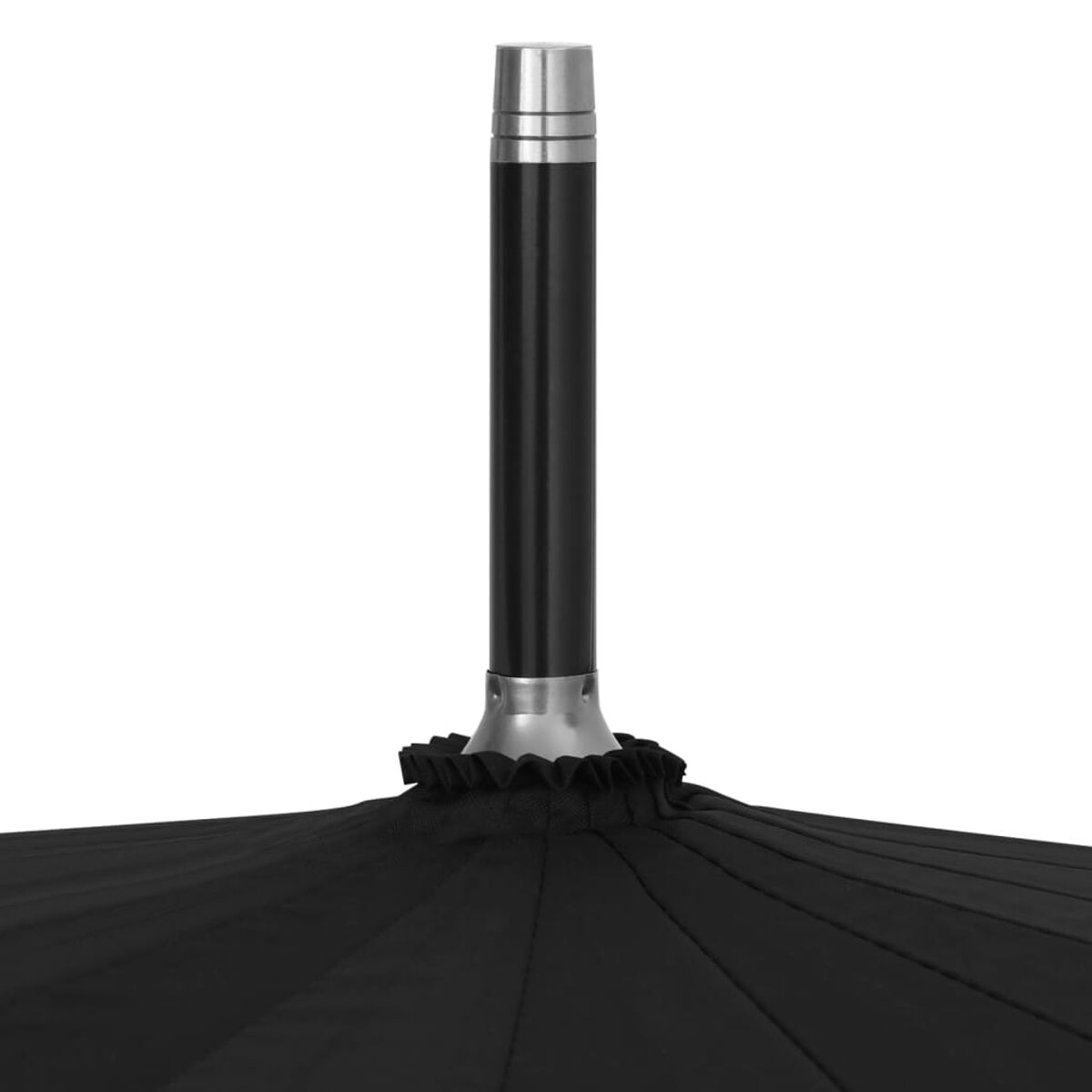 Griff und Oberteil eines schwarzen Regenschirms. Der Griff ist metallisch und schwarz. Der Stoff ist schwarz.