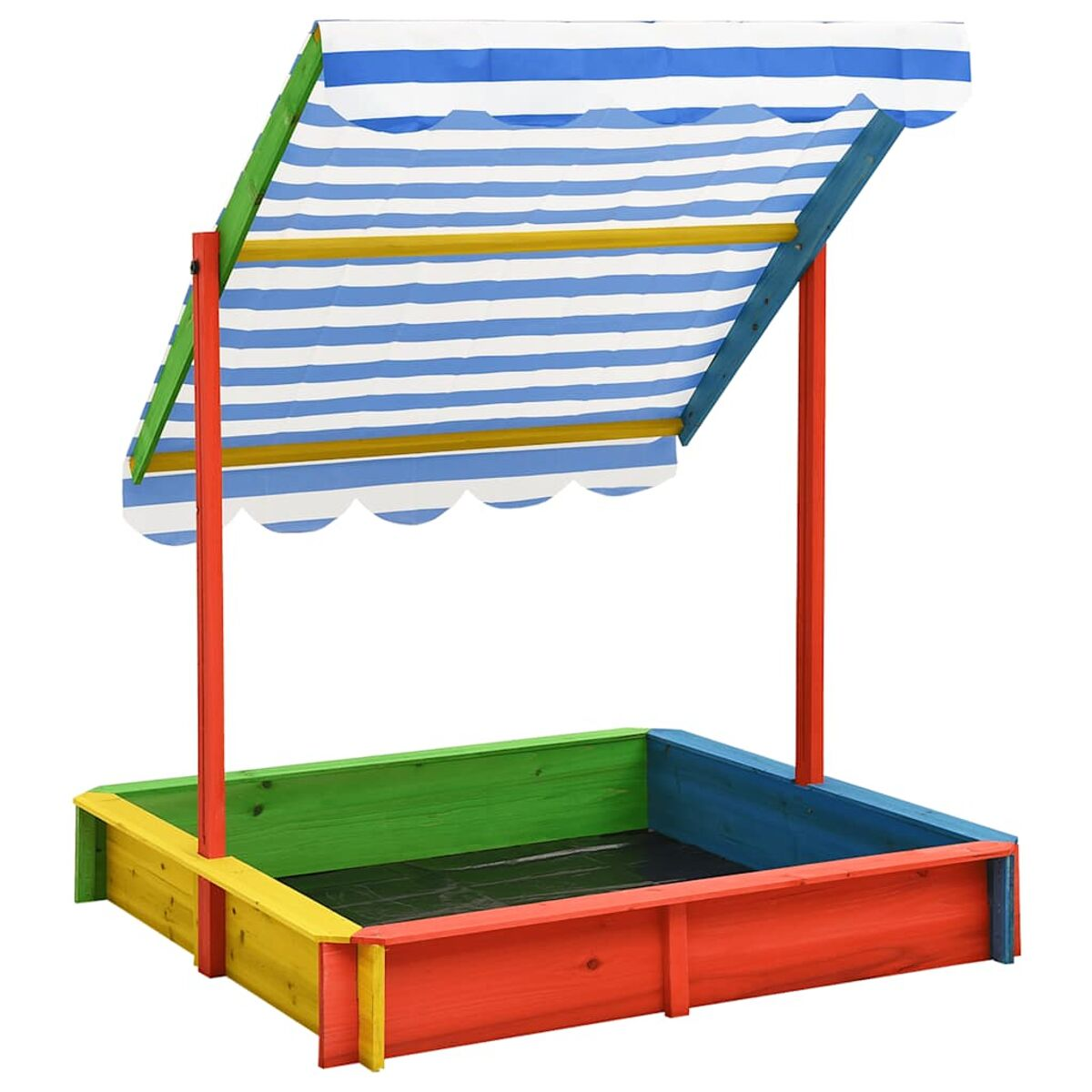 Sandkasten mit blau-weiß gestreiftem Baldachin. Bunter Holzrahmen.