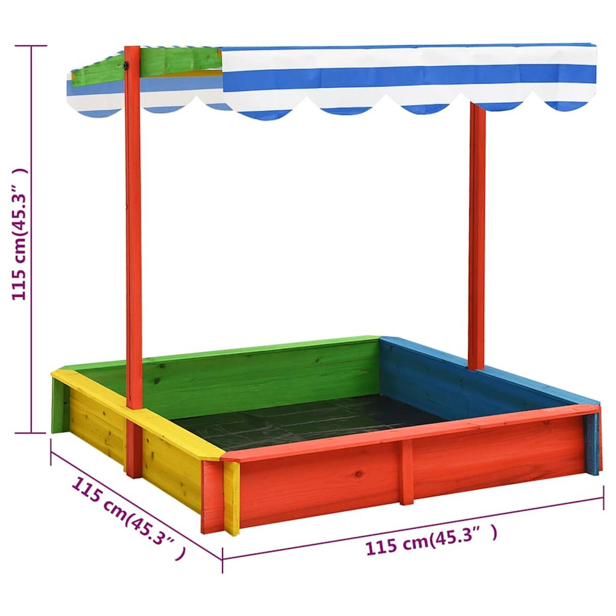 Bunter Sandkasten mit Baldachin. Rote, gelbe, blaue und grüne Holzseiten. Weißer Hintergrund.