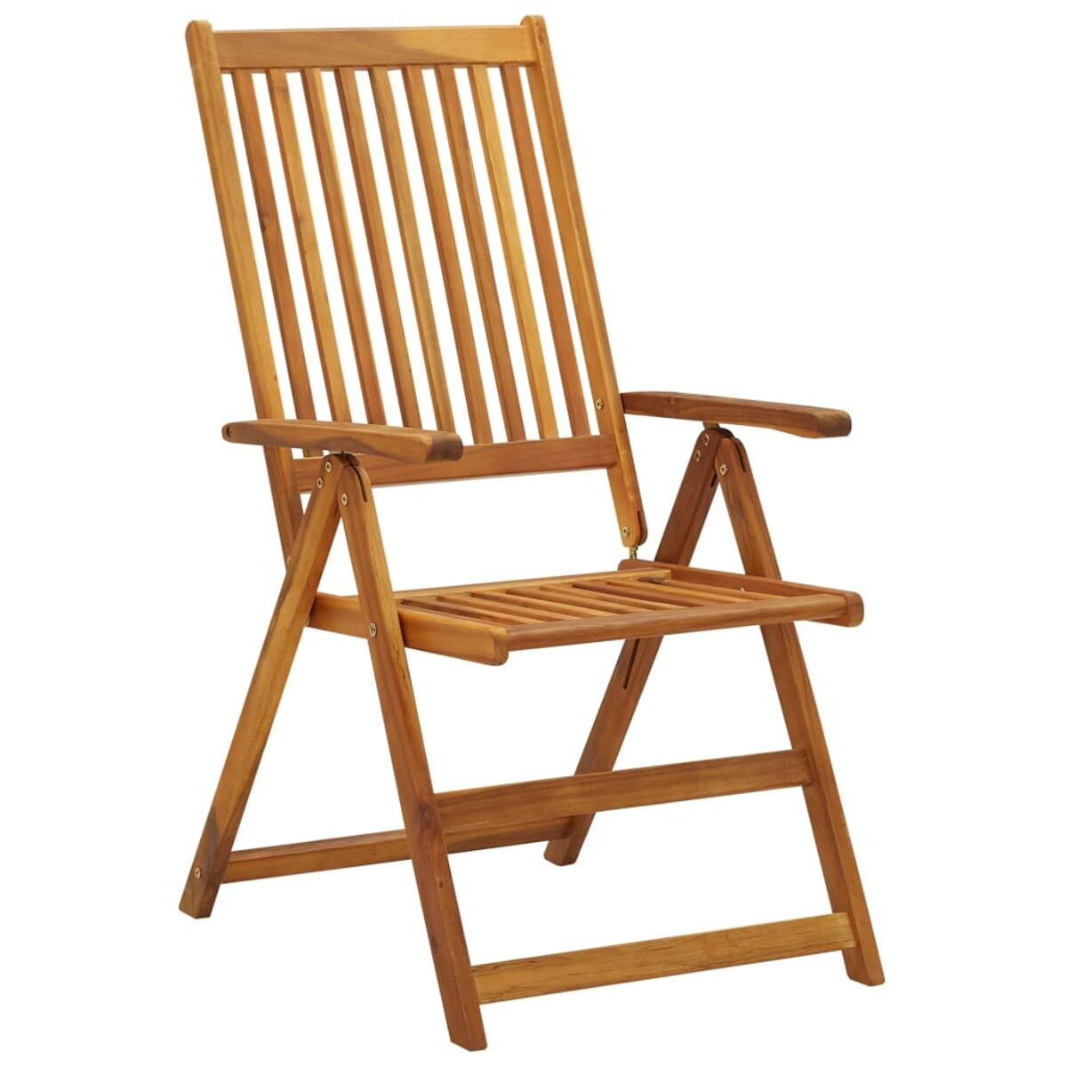 Offener Klappstuhl aus Holz mit vertikalen Lamellen auf Rücken und Sitz.