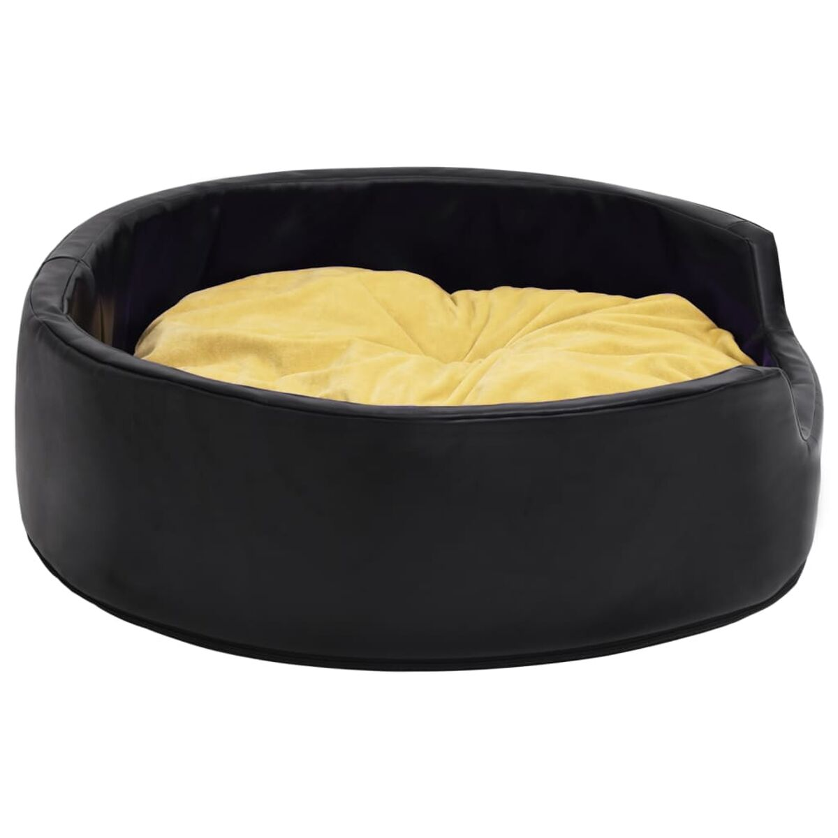 Ein schwarzes Haustierbett mit gelbem Kissen im Inneren. Das Bett hat ein geschwungenes Design.