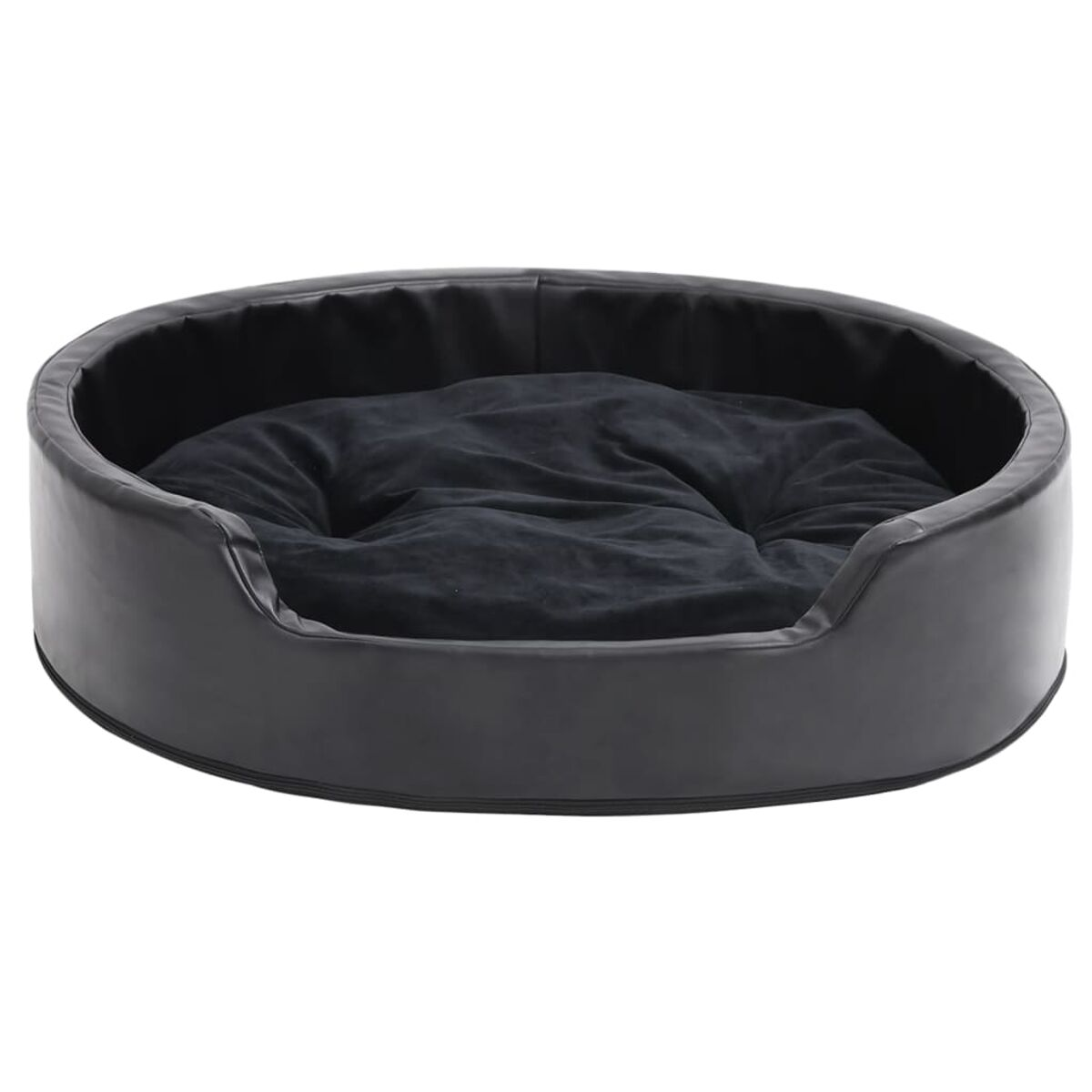 Ein schwarzes, ovales Hundebett mit schwarzem, gepolstertem Innenraum.