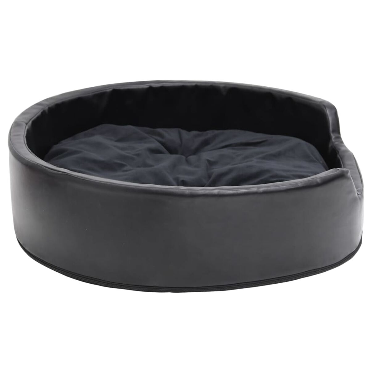 Schwarzes Haustierbett. Das Bett ist rund mit einem schwarzen Kissen darin.