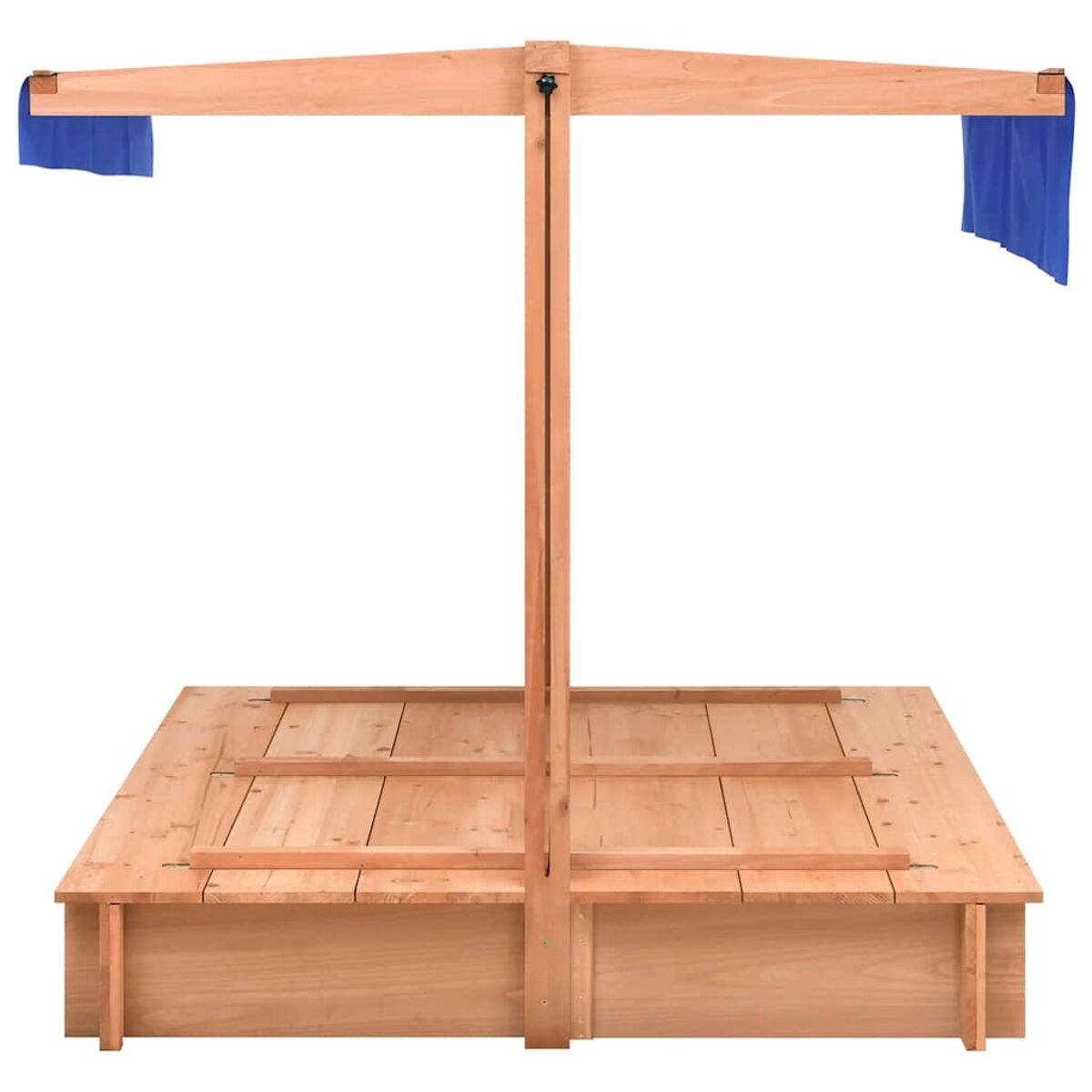 Casetta di sabbia in legno con supporto centrale e tende in tessuto blu. È su uno sfondo bianco.