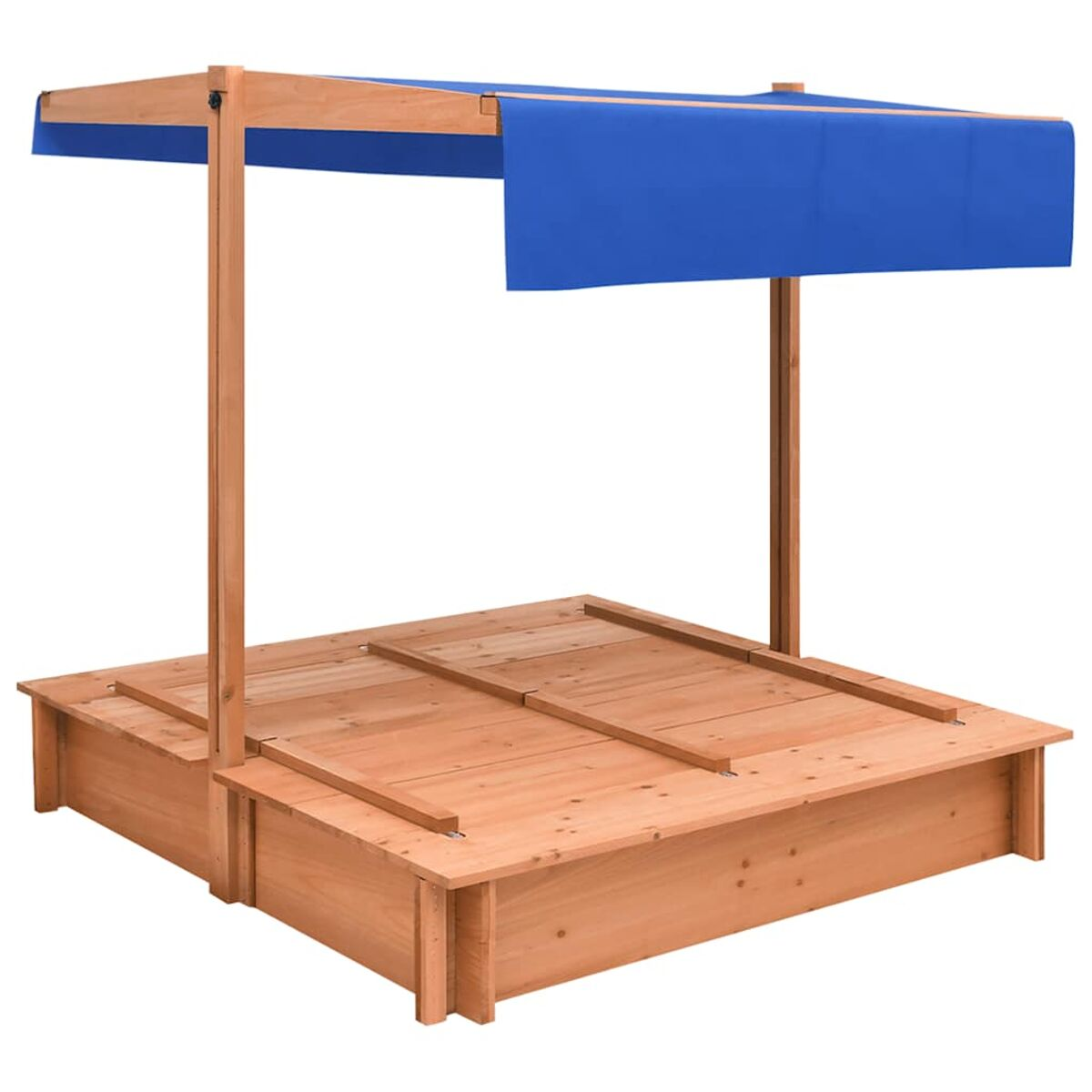 Una sabbiera in legno con tettoia blu. Include assi e supporti in legno.