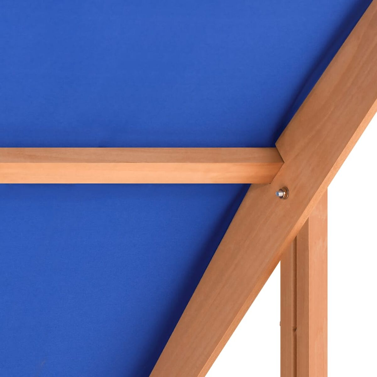 Primo piano su un telaio in legno che sostiene una tela blu. Mostra un giunto angolare.