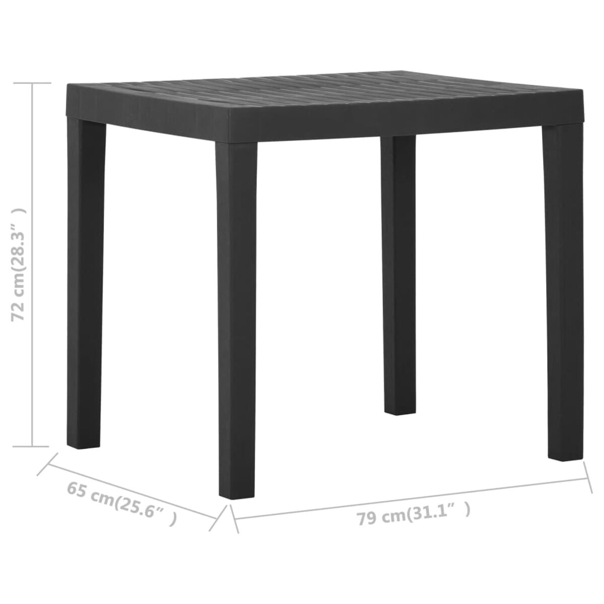 Schwarzer quadratischer Gartentisch. Der Tisch hat vier Beine. Die Abmessungen sind in cm und Zoll angegeben.