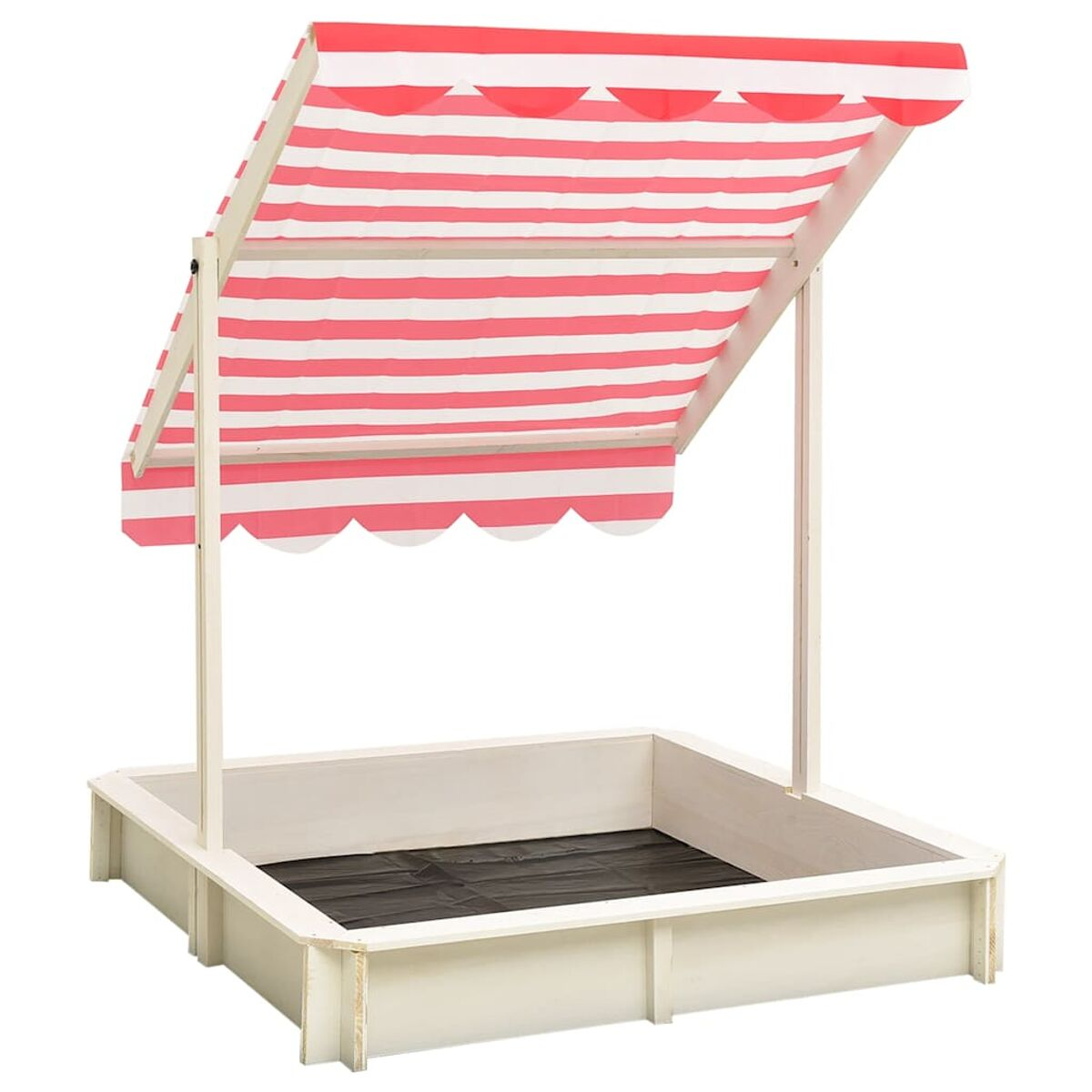 Sabbiere con tenda a strisce rosse e bianche. Cornice bianca, su sfondo bianco.