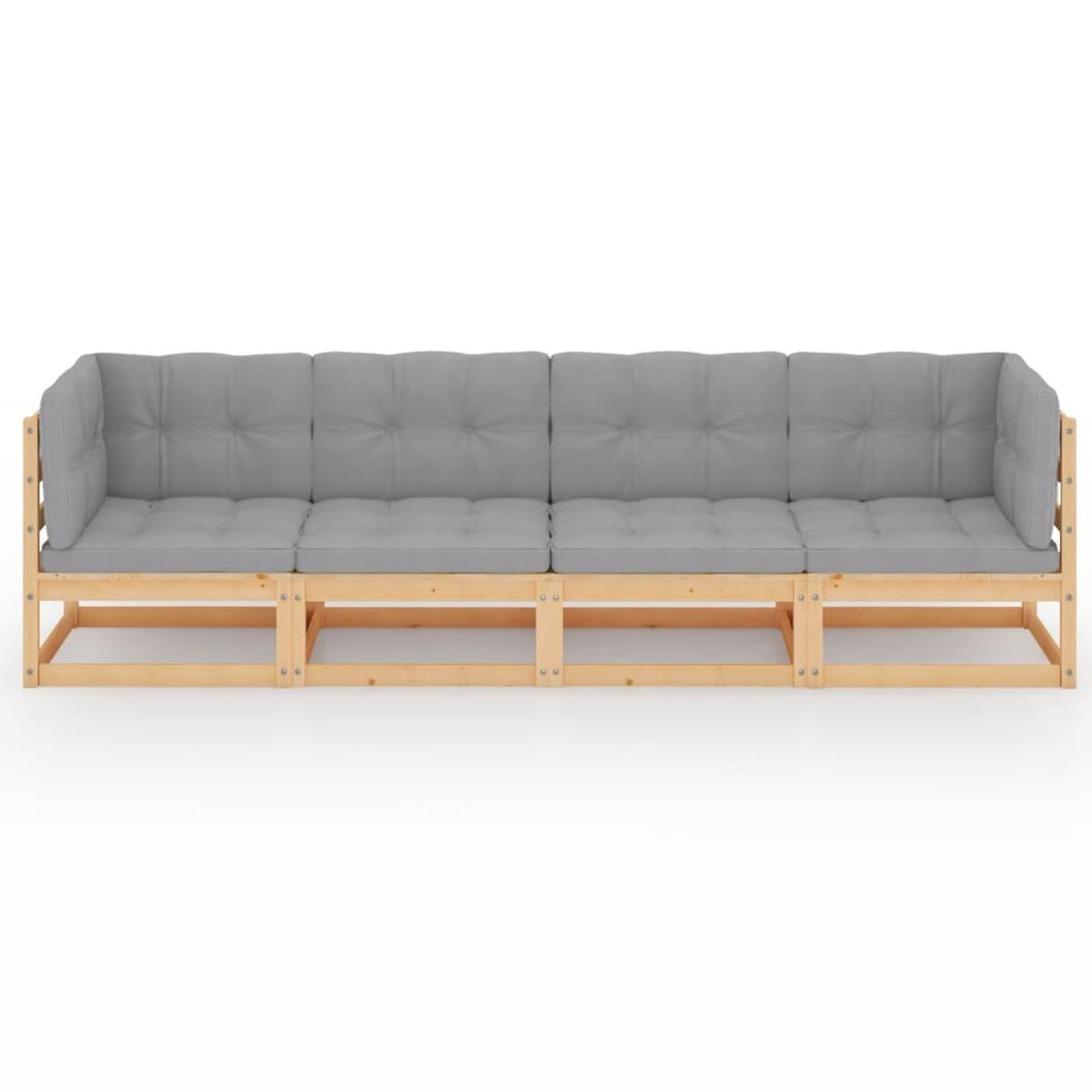 Ein langes Sofa aus hellem Holz mit grauen Kissen auf weißem Hintergrund. Das Design ist schlicht und modern.