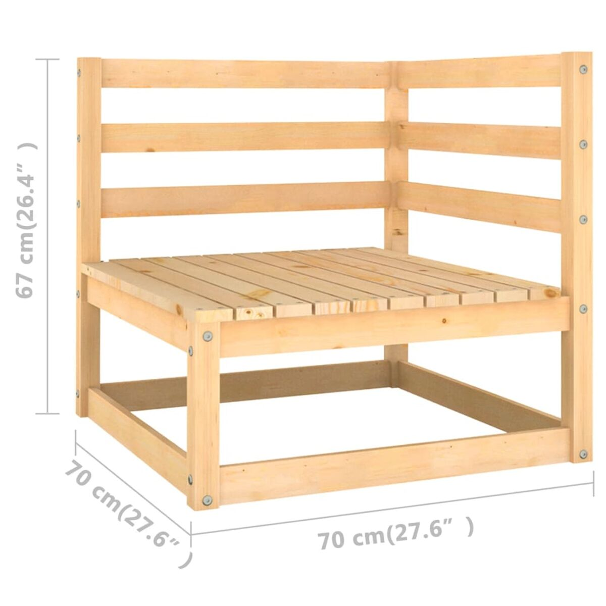 Eck-Holzsitz, 70x70x67cm, mit sichtbaren Abmessungen, vor weißem Hintergrund.