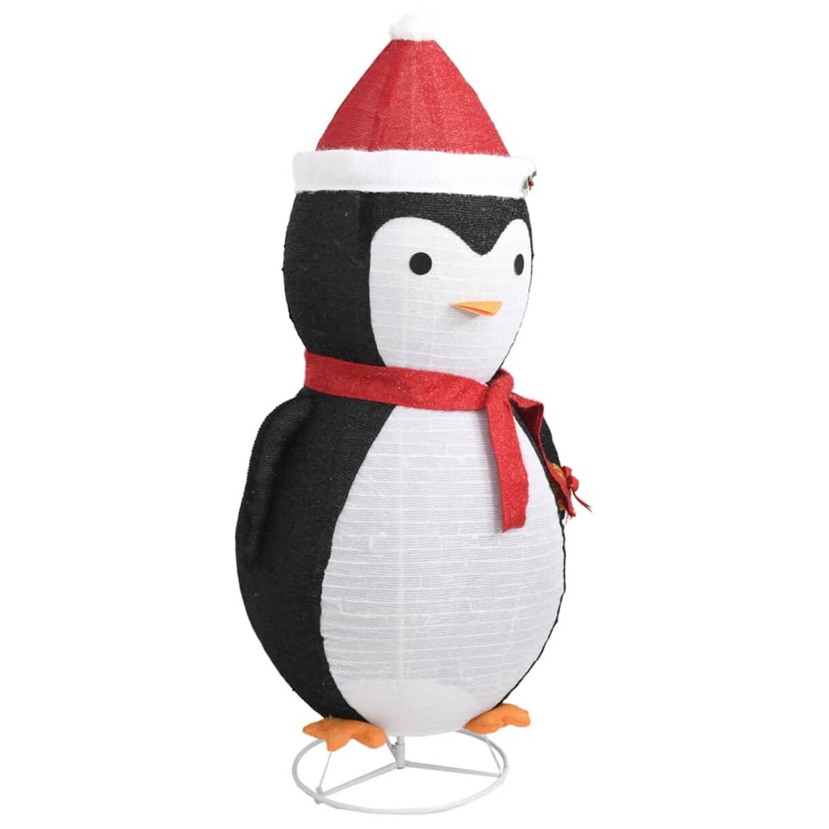 Eine beleuchtete Pinguin-Weihnachtsdekoration mit rotem Hut und Schal. Es steht auf weißem Sockel.