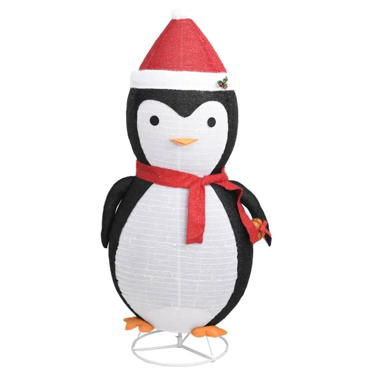 Eine Pinguin-Dekoration mit rotem Hut und Schal. Der Pinguin steht auf einem Metallständer und hat einen weißen Körper.