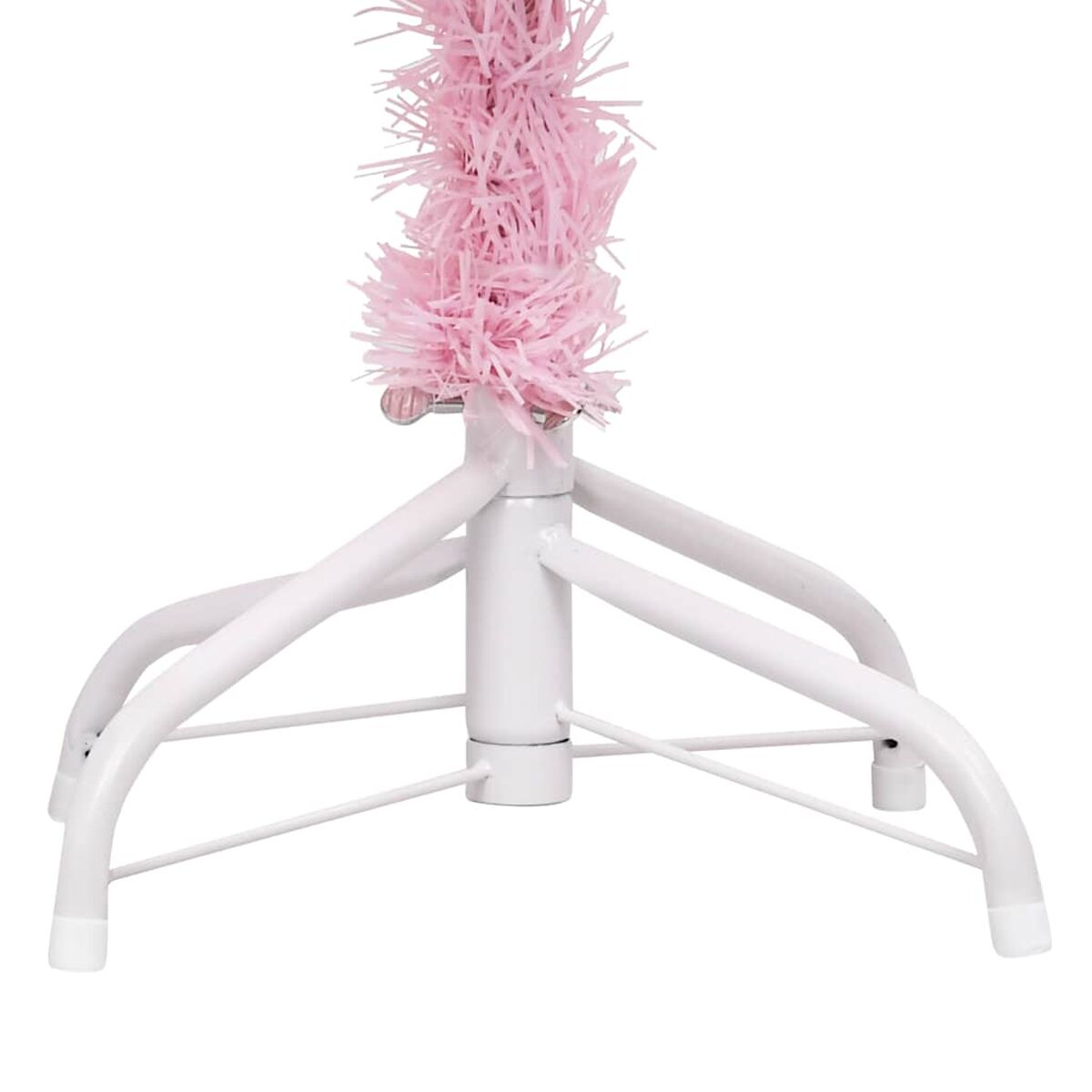 Sockel eines rosa künstlichen Weihnachtsbaums auf einem weißen Ständer.