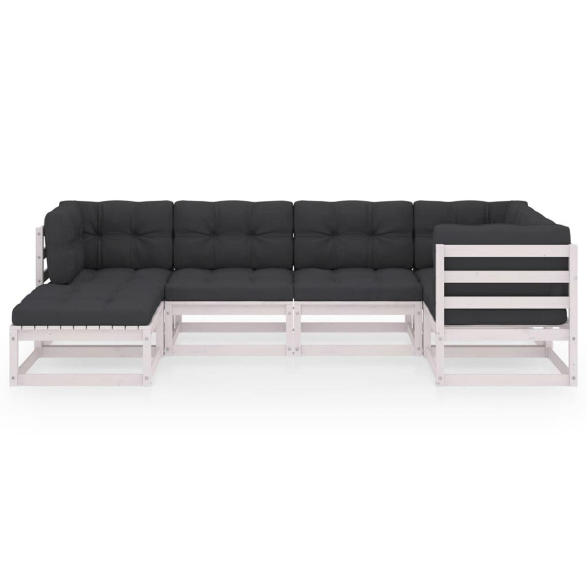 Weißes Ecksofa aus Holz mit dunkelgrauen Kissen, freigestellt auf Weiß.