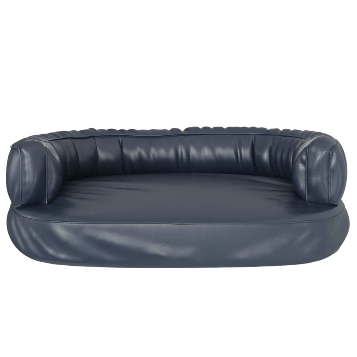 Ein dunkelblaues Ledersofa. Das Sofa hat ein niedriges Profil mit abgerundeter Rückenlehne und Seiten.
