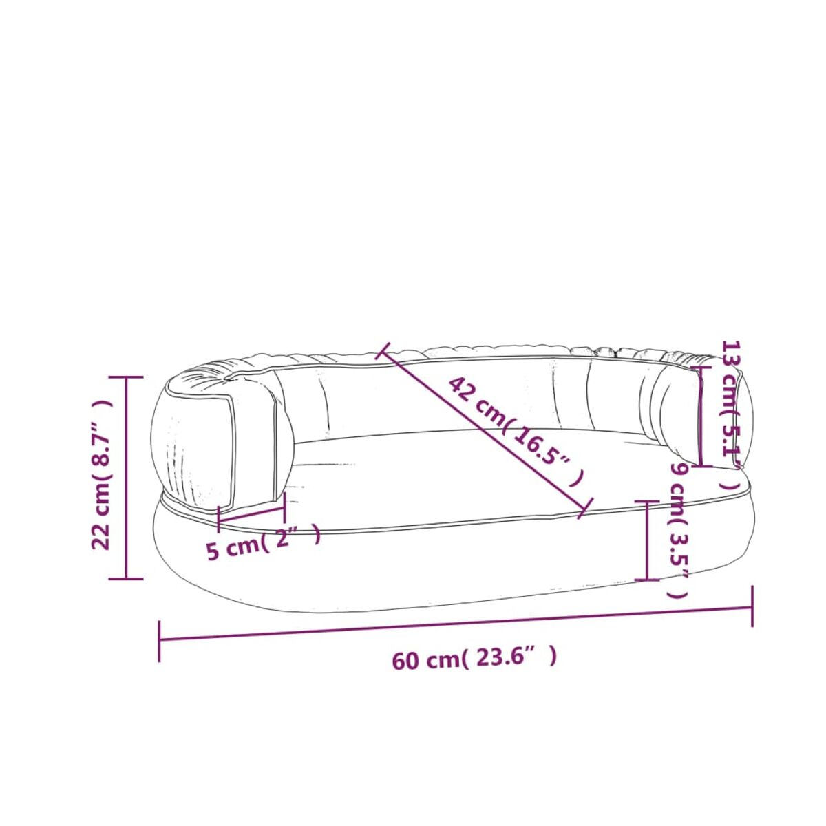 Diagramm eines gebogenen Bettes mit Abmessungen in cm und Zoll.