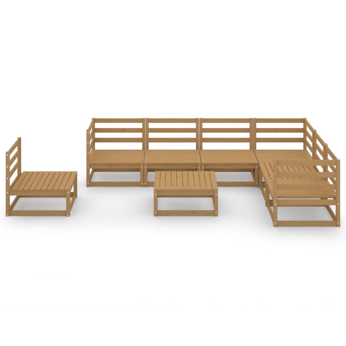Gartenmöbel-Set aus Holz. Es umfasst Tisch, Stühle und Sofa, alles in Hellbraun.