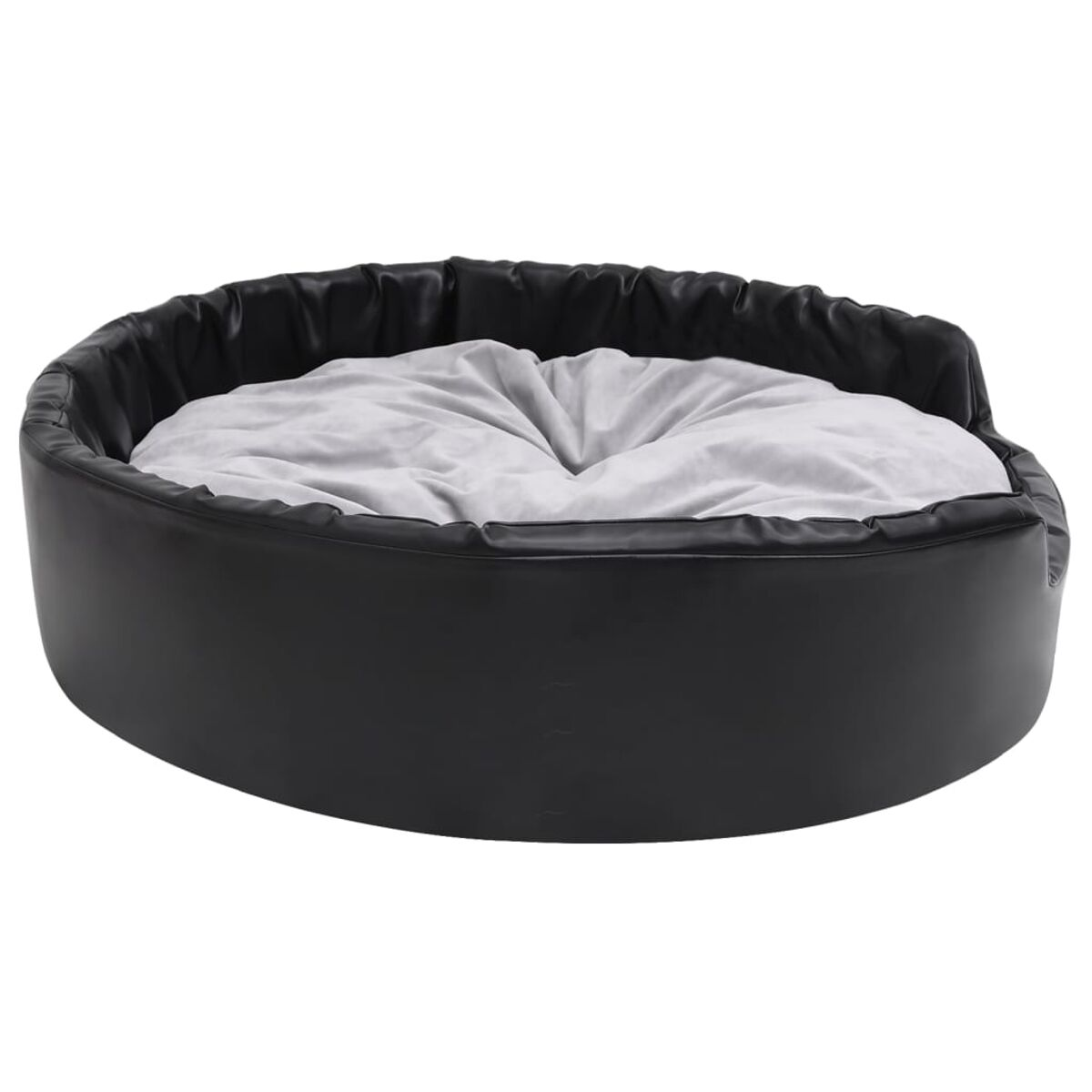 Schwarzes, ovales Haustierbett mit grauem Kissen. Das Bett hat erhöhte Seiten.