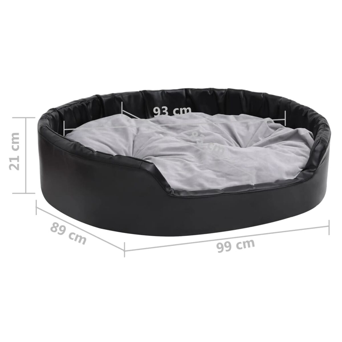 Schwarzes Hundebett mit grauem Kissen. Maße: 99x89x21 cm. Weißer Hintergrund.