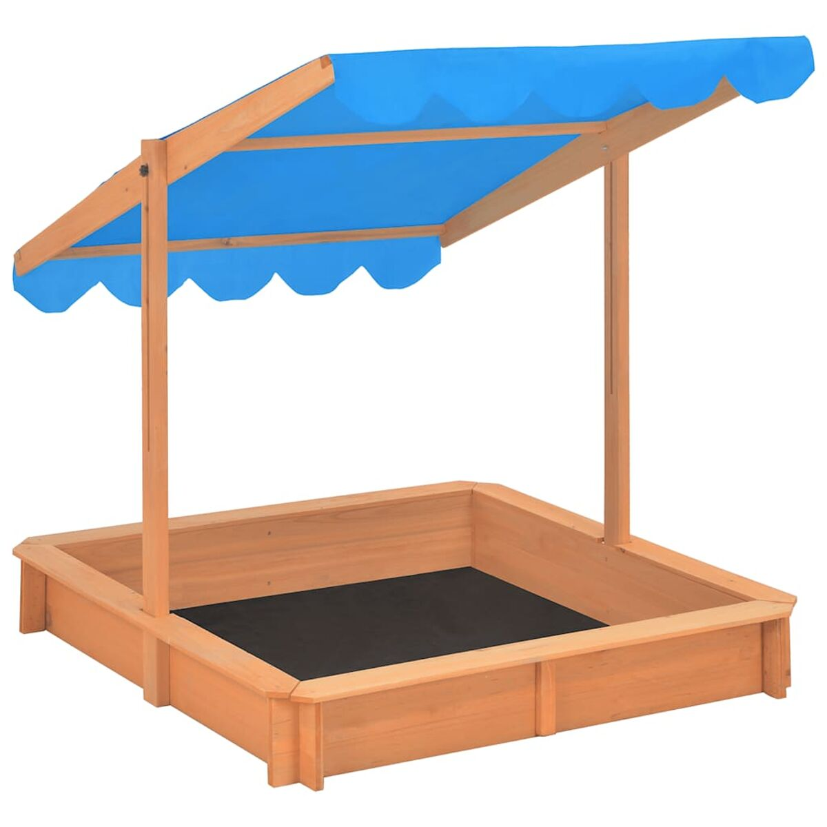 Una sabbiera in legno con tettoia blu, progettata per il gioco all'aperto dei bambini.