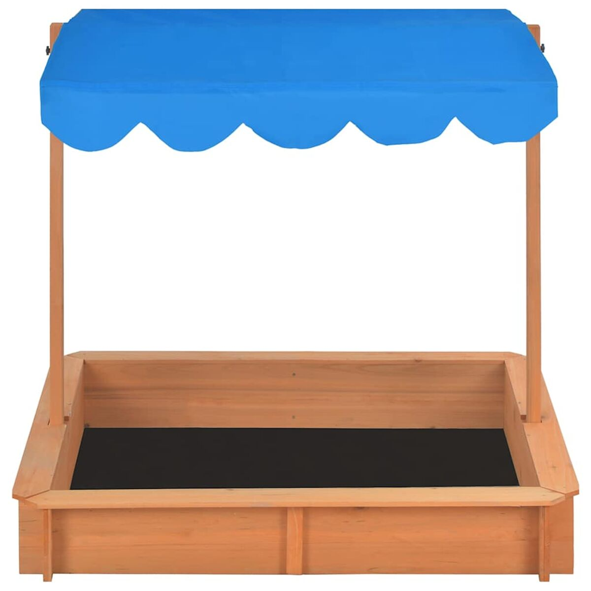 Sabbiere con tenda blu e struttura in legno. Base nera.