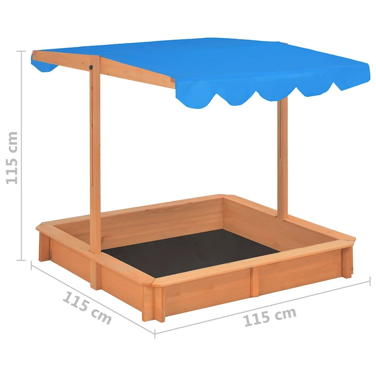 Una sabbiera in legno con una tettoia blu. Le dimensioni sono indicate.