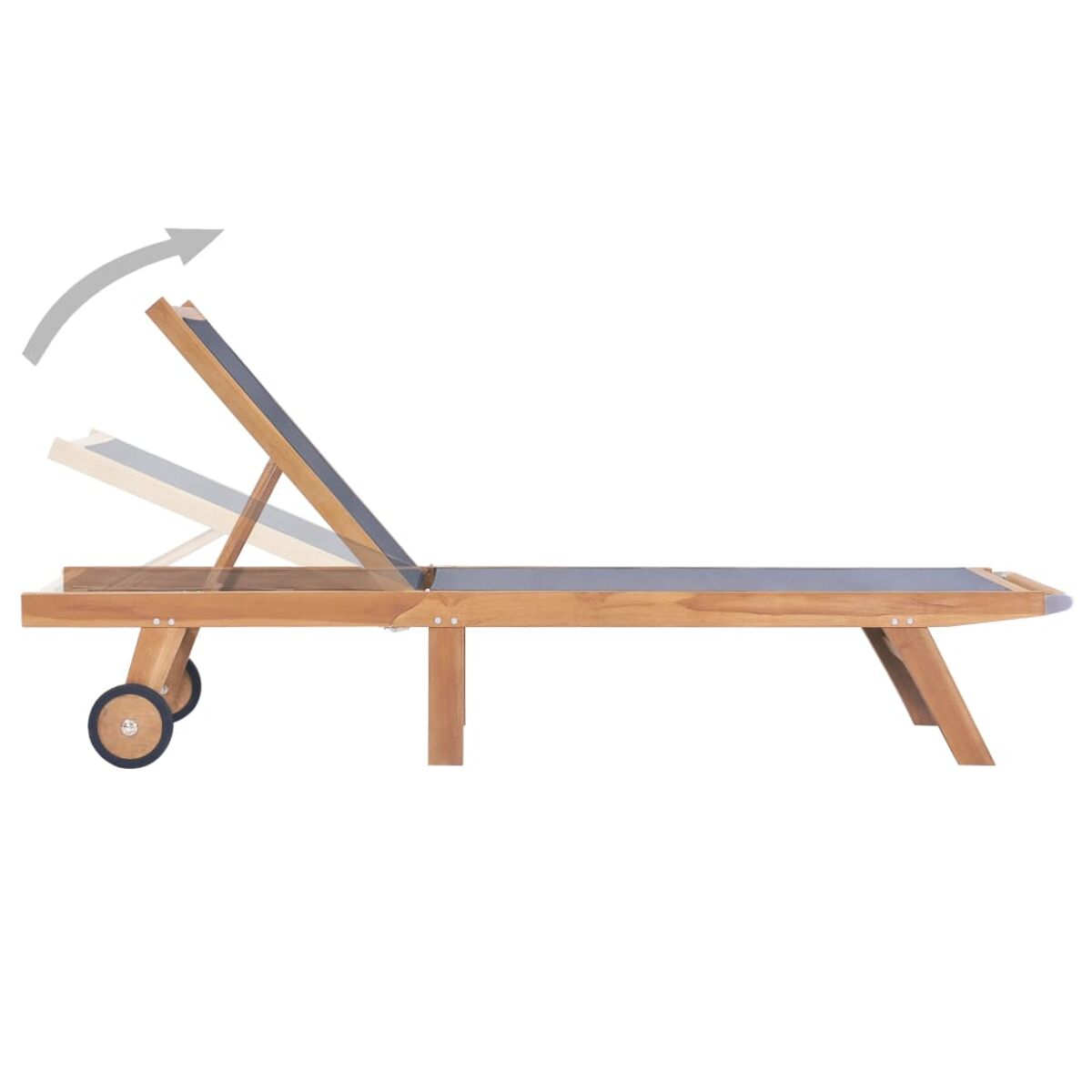 Sonnenliege aus Holz mit Rädern. Die Rückenlehne ist verstellbar.