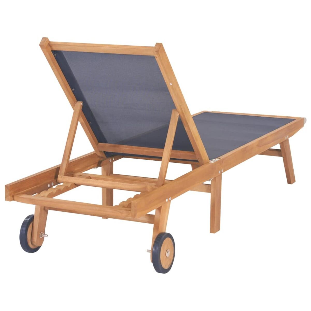 Sonnenliege aus Holz mit Rädern und verstellbarer Rückenlehne, dunkelgrauer Stoff.