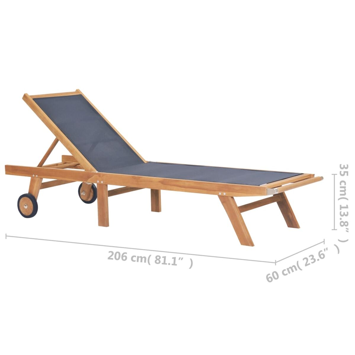 Sonnenliege aus Holz mit Abmessungen. Weißer Hintergrund.