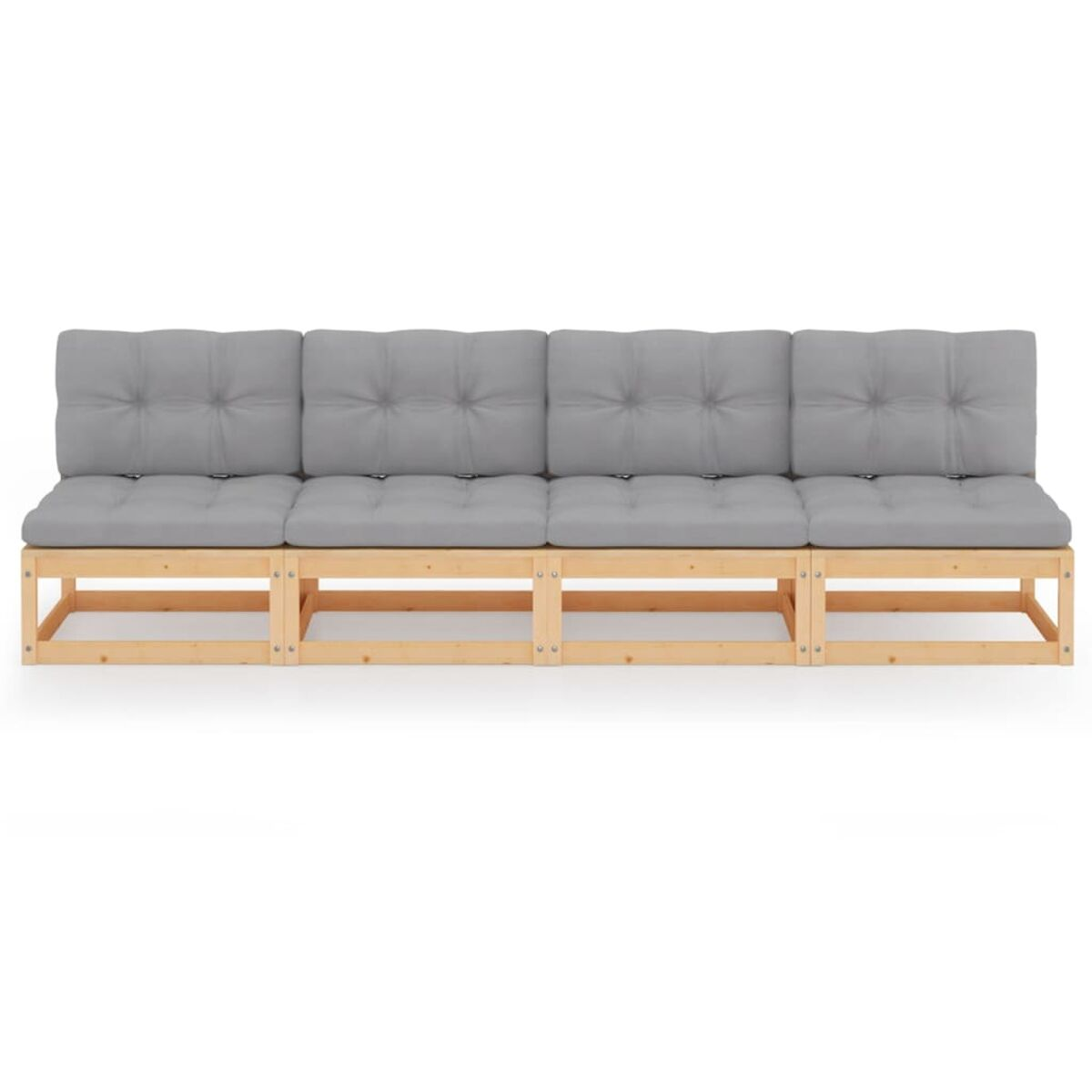 Gartenmöbel-Set aus Holz mit grauen Kissen. Es hat ein Sofa.