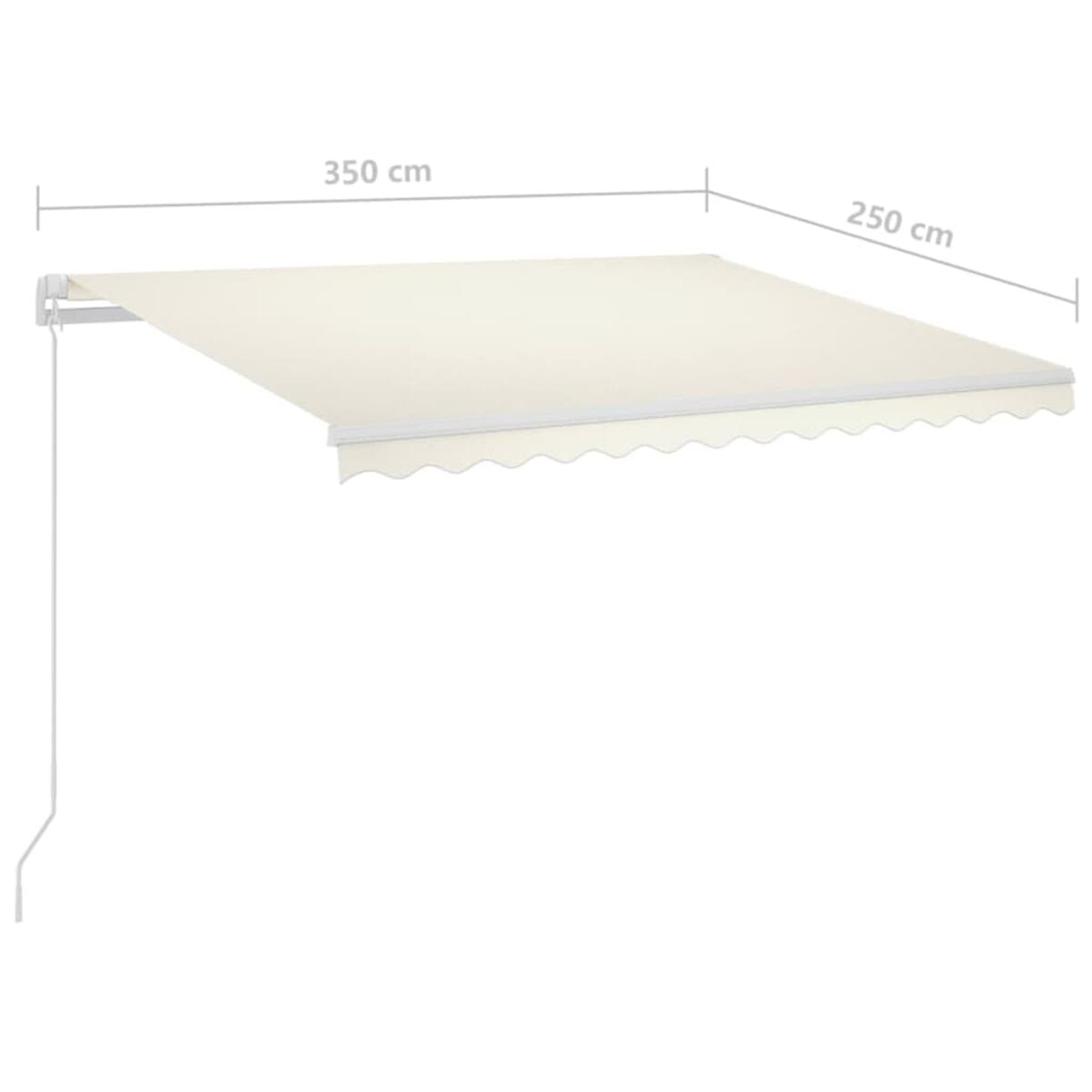 Eine cremefarbene Markise ist ausgefahren. Die Markise ist 350 cm breit und 250 cm tief.
