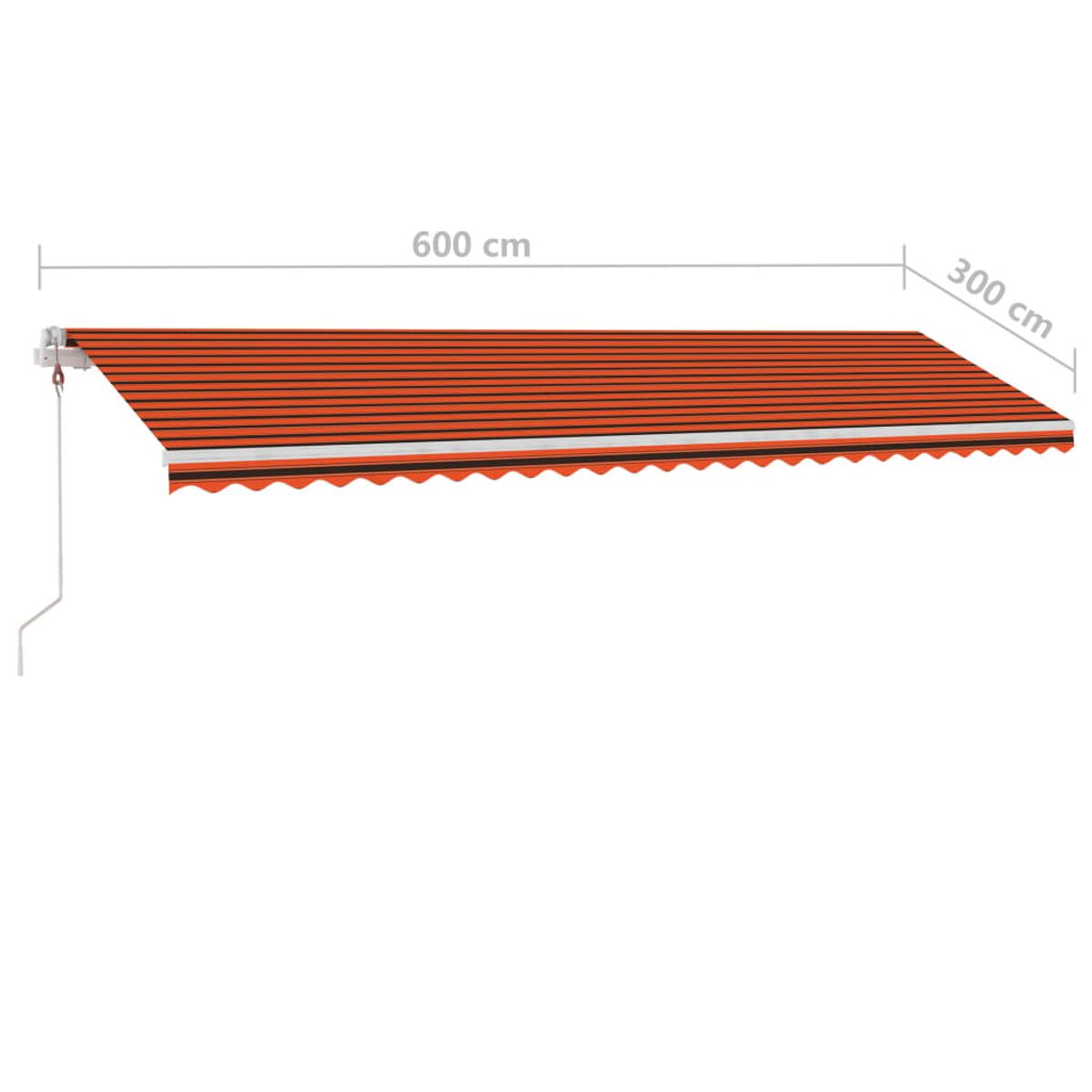 Eine orange und weiß gestreifte Markise. Die Markise ist 600 cm lang und 300 cm breit.