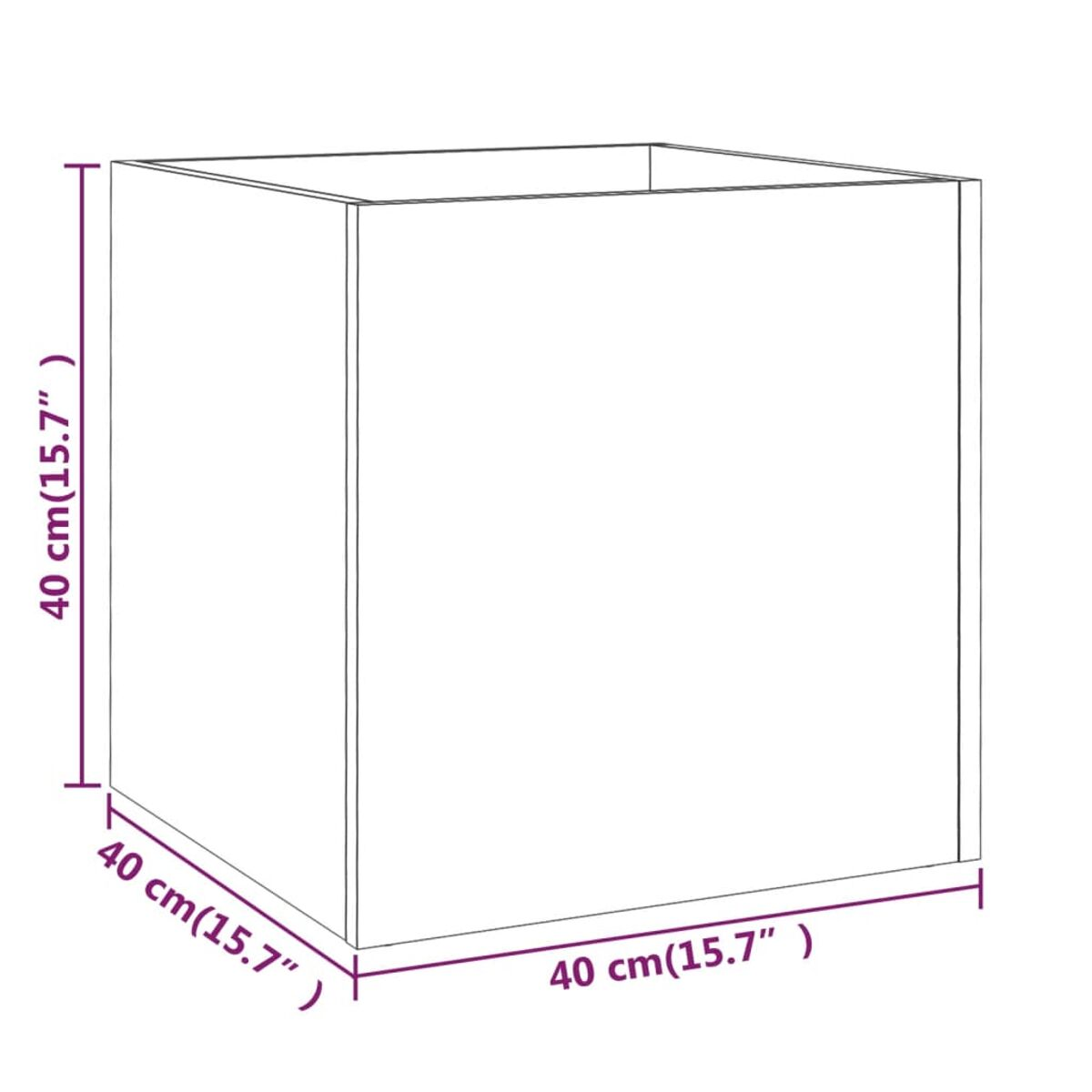 Quadratische Box mit Abmessungen. Weiße Farbe. Maße in cm und Zoll.