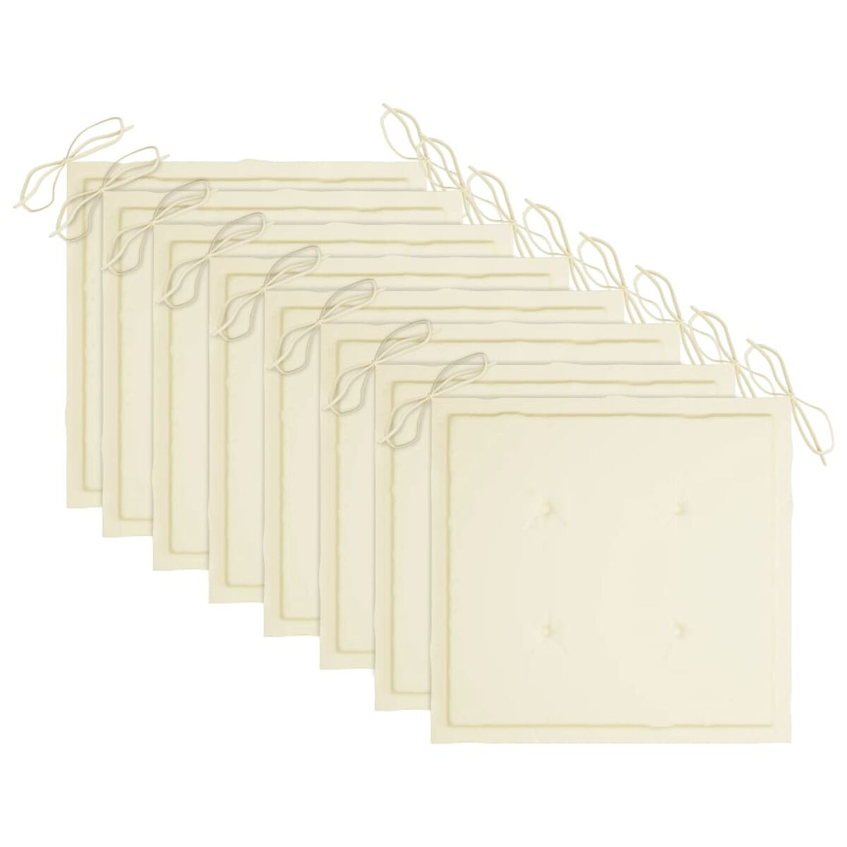 Mehrere cremefarbene quadratische Kissen. Jedes hat eine Schleife oben.