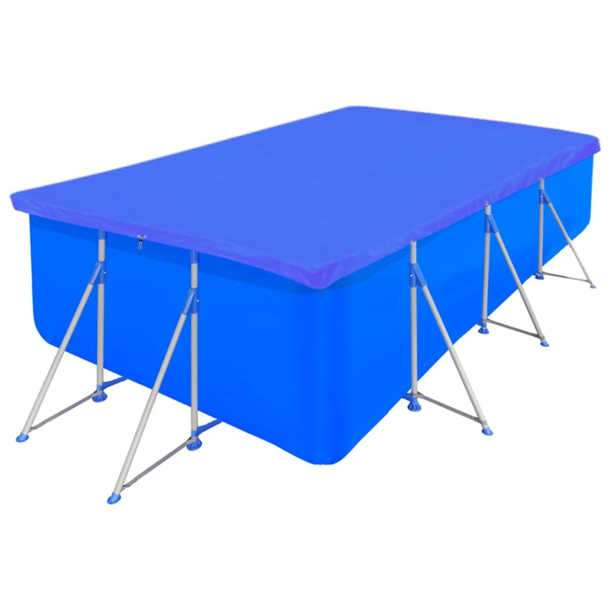 Blauer rechteckiger Pool mit blauer Abdeckung. Der Pool hat Metallstützen und ist im Freien.